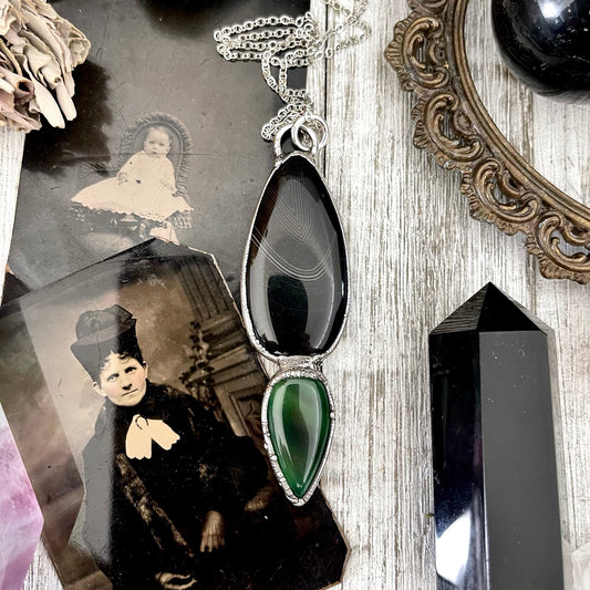 Crystal Teardrop Black Agate and Green Agate Necklace / Gothic Jewelry