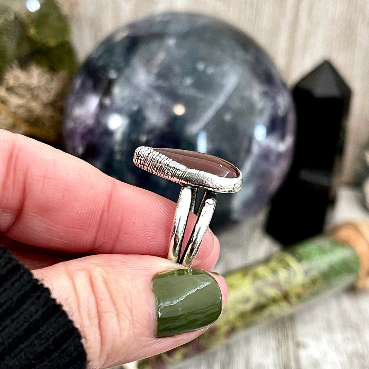 Red Carnelian Teardrop Silver Ring by FOXLARK, available in sizes 6 to 11, featuring a polished fine silver band and teardrop-shaped gemstone.