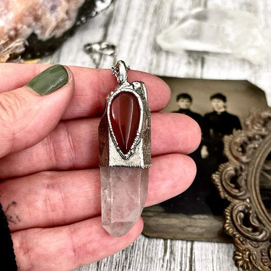 Large Raw Clear Quartz & Carnelian Crystal Statement Necklace in Fine Silver / Foxlark Collection - One of a Kind // Witchy Punk Pendent