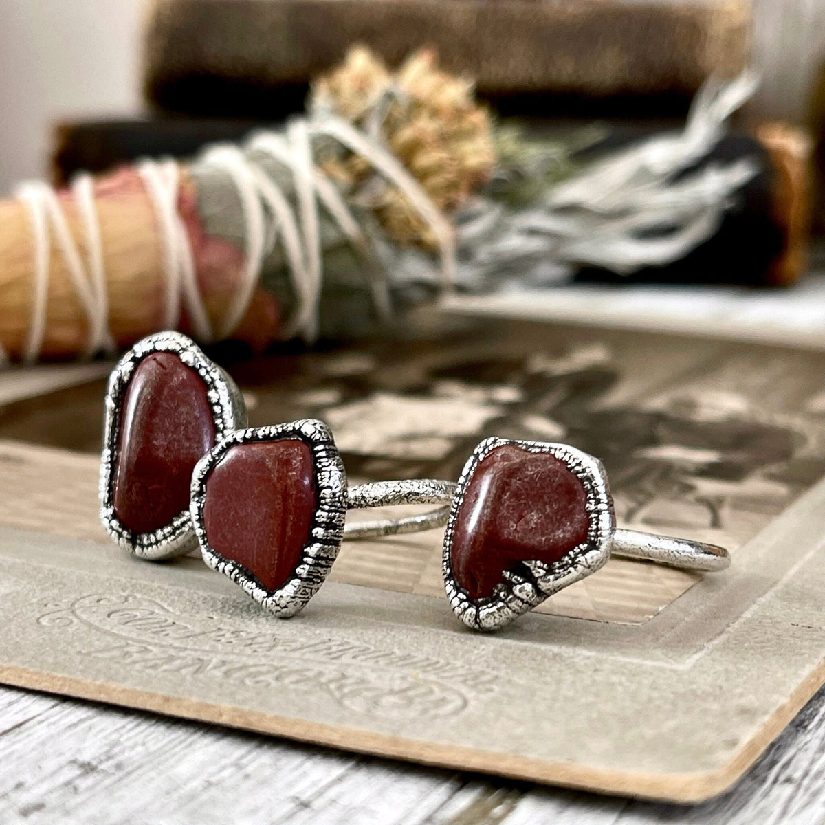 Dainty silver ring with red jasper stone, available in sizes 5-10, from FOXLARK jewelry collection.