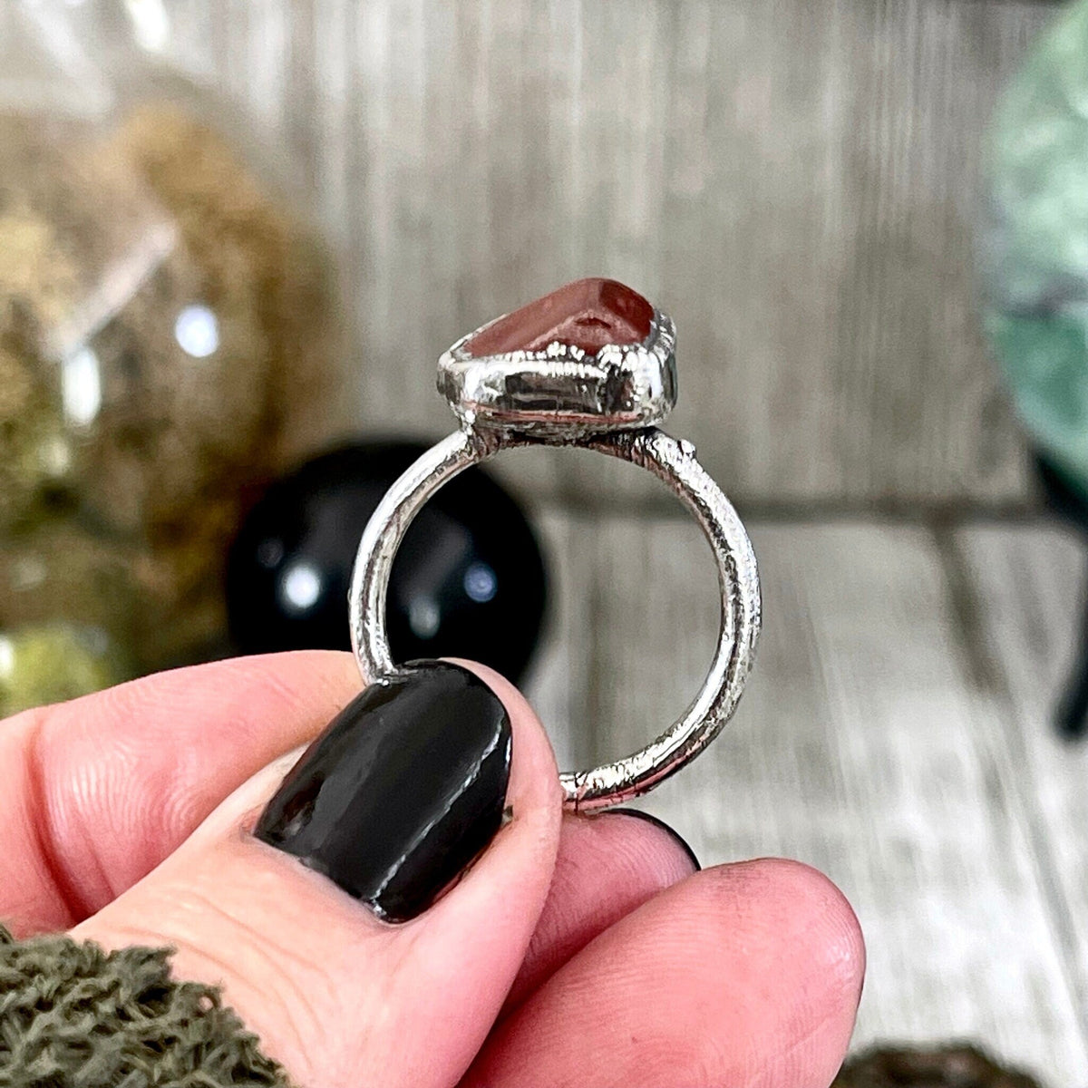 Dainty red jasper stone ring in silver band, available in sizes 5-10, from FOXLARK jewelry collection.