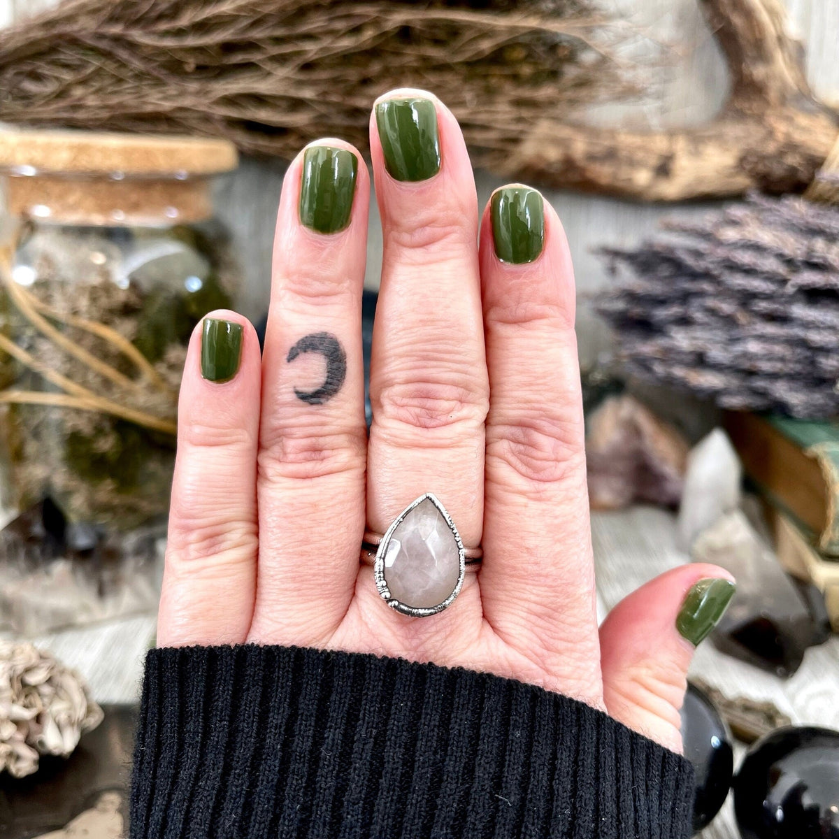 Pink Rose Quartz ring in fine silver from FOXLARK collection, available in sizes 6 to 9, showcasing a delicate gemstone and elegant design.