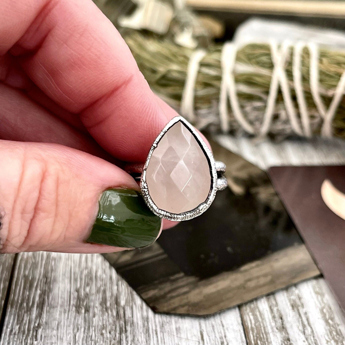 Pink rose quartz silver ring from FOXLARK collection, size 6-9, featuring a polished rose quartz gemstone on a fine silver band.