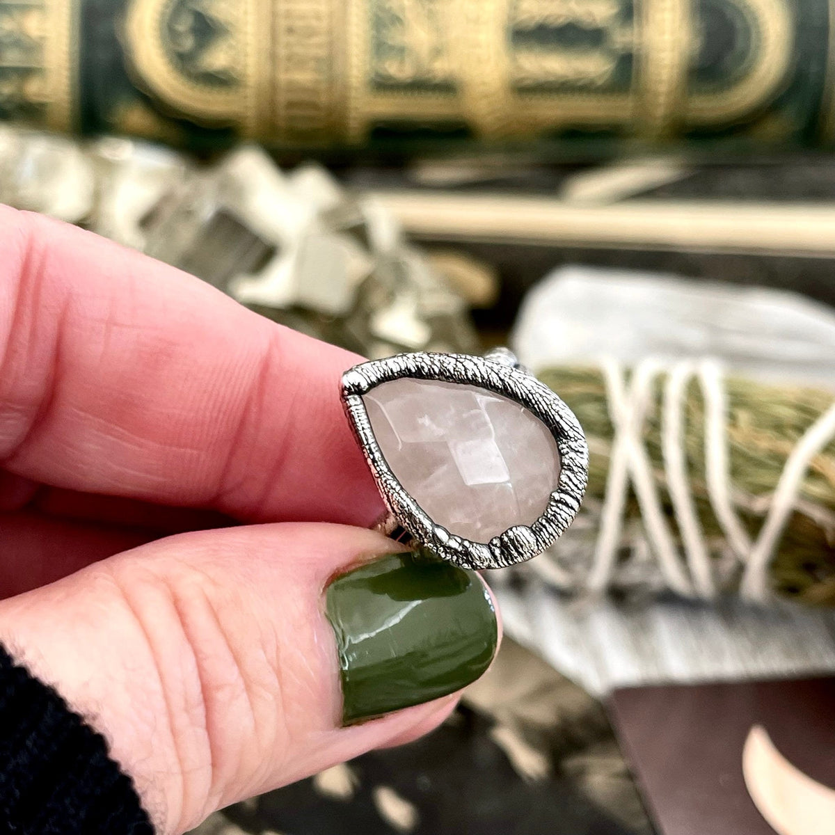 Pink Rose Quartz ring by FOXLARK in fine silver, size 6-9, featuring a polished rose quartz gemstone and delicate silver band.