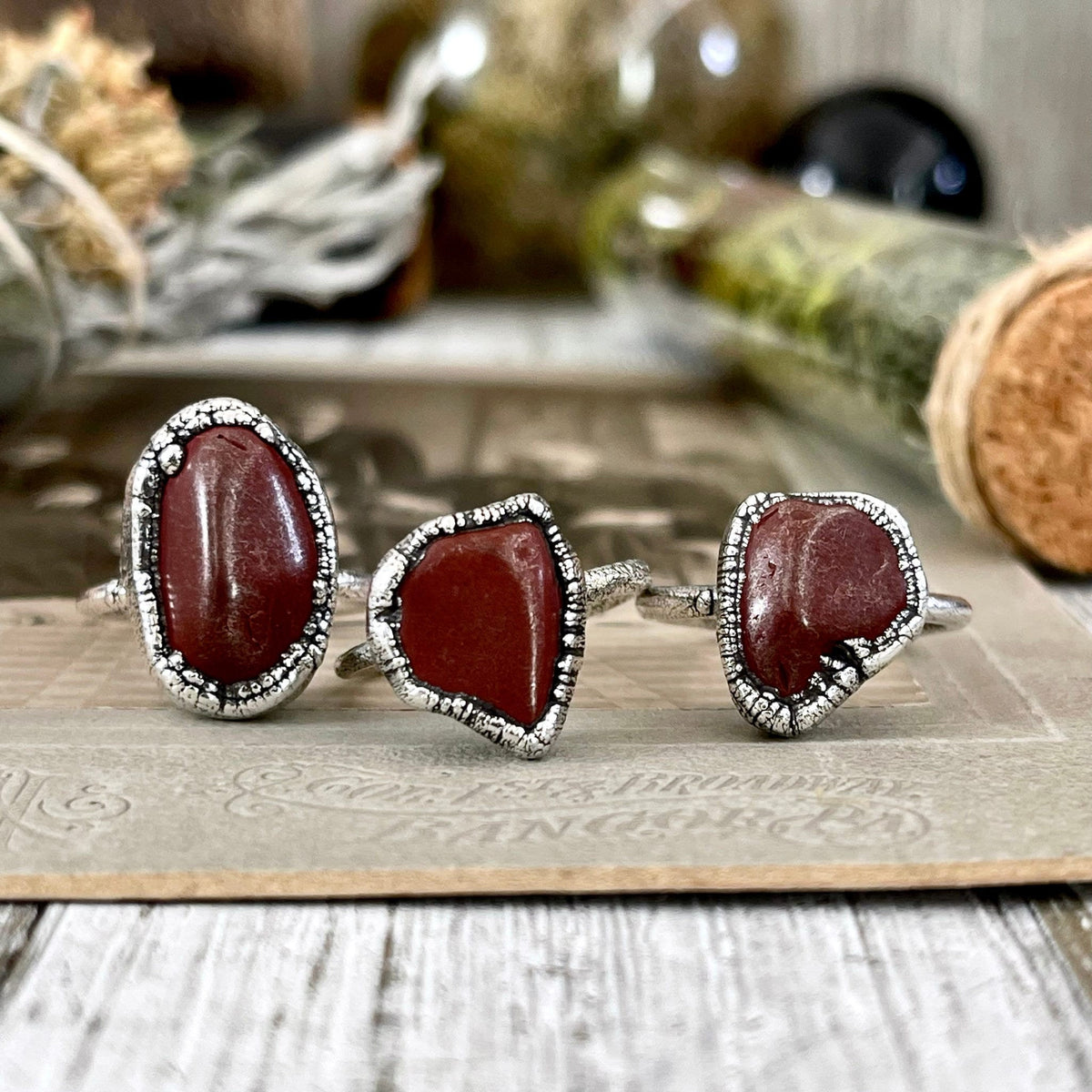 Dainty silver Red Jasper ring with small stone, available in sizes 5 to 10, from FOXLARK jewelry collection.
