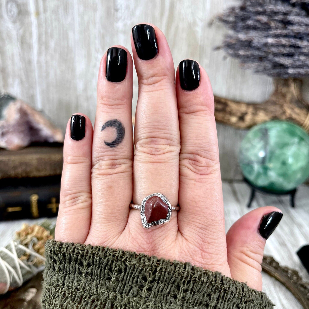 Dainty red jasper stone ring in silver with size options 5-10, from FOXLARK collection, featuring a small polished gemstone setting.