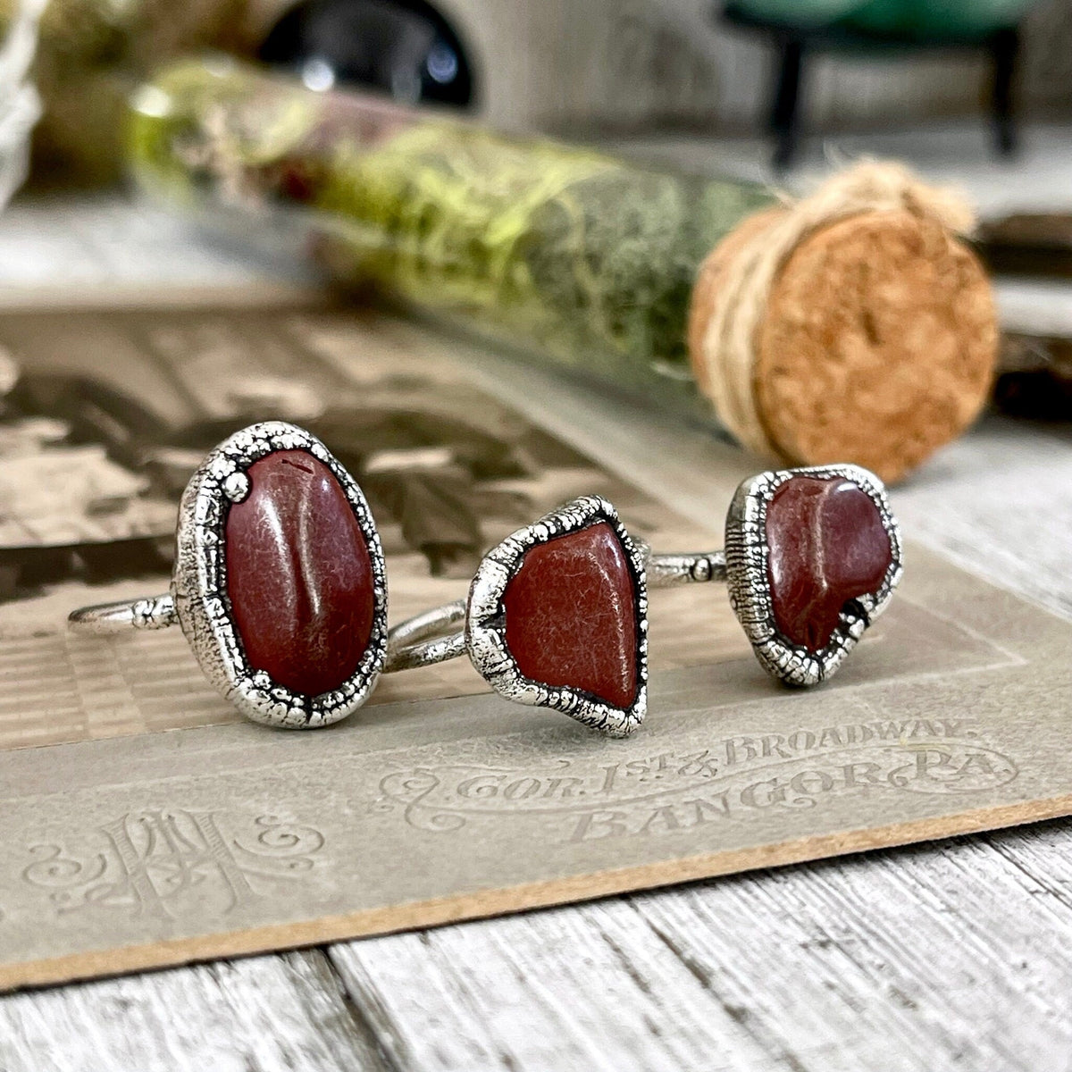 Dainty red jasper ring by FOXLARK with a small stone, silver band, available in sizes 5 to 10, part of FOXLARK jewelry collection