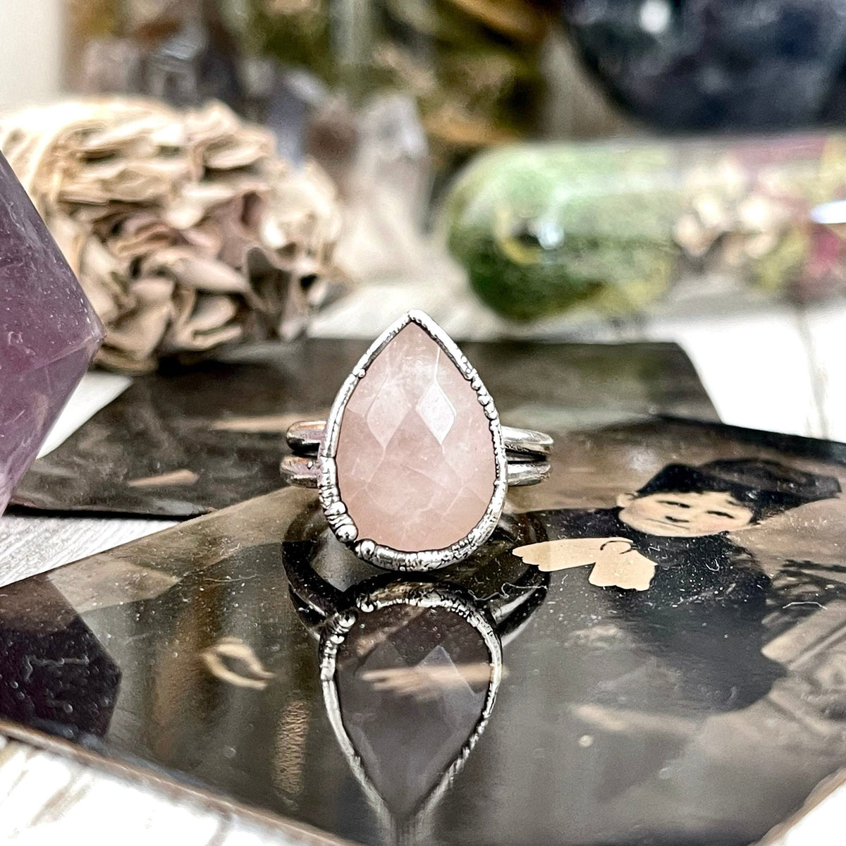 Pink Rose Quartz ring in fine silver from FOXLARK collection, available in sizes 6 to 9, showcasing a delicate gemstone setting.