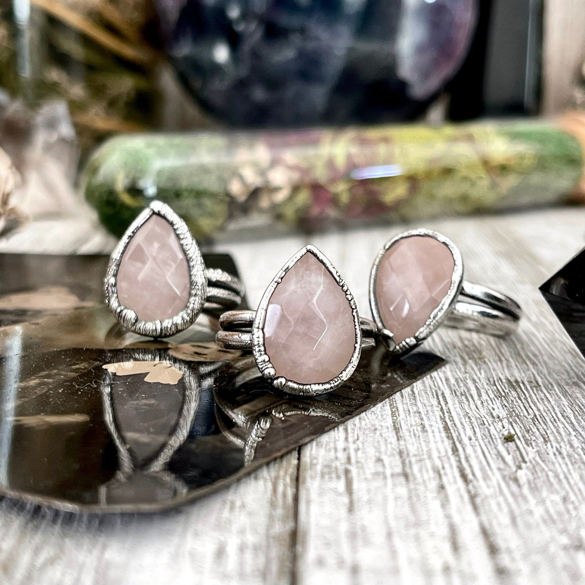 Pink rose quartz ring in fine silver from FOXLARK collection, available in sizes 6 to 9, showcasing a delicate floral design.