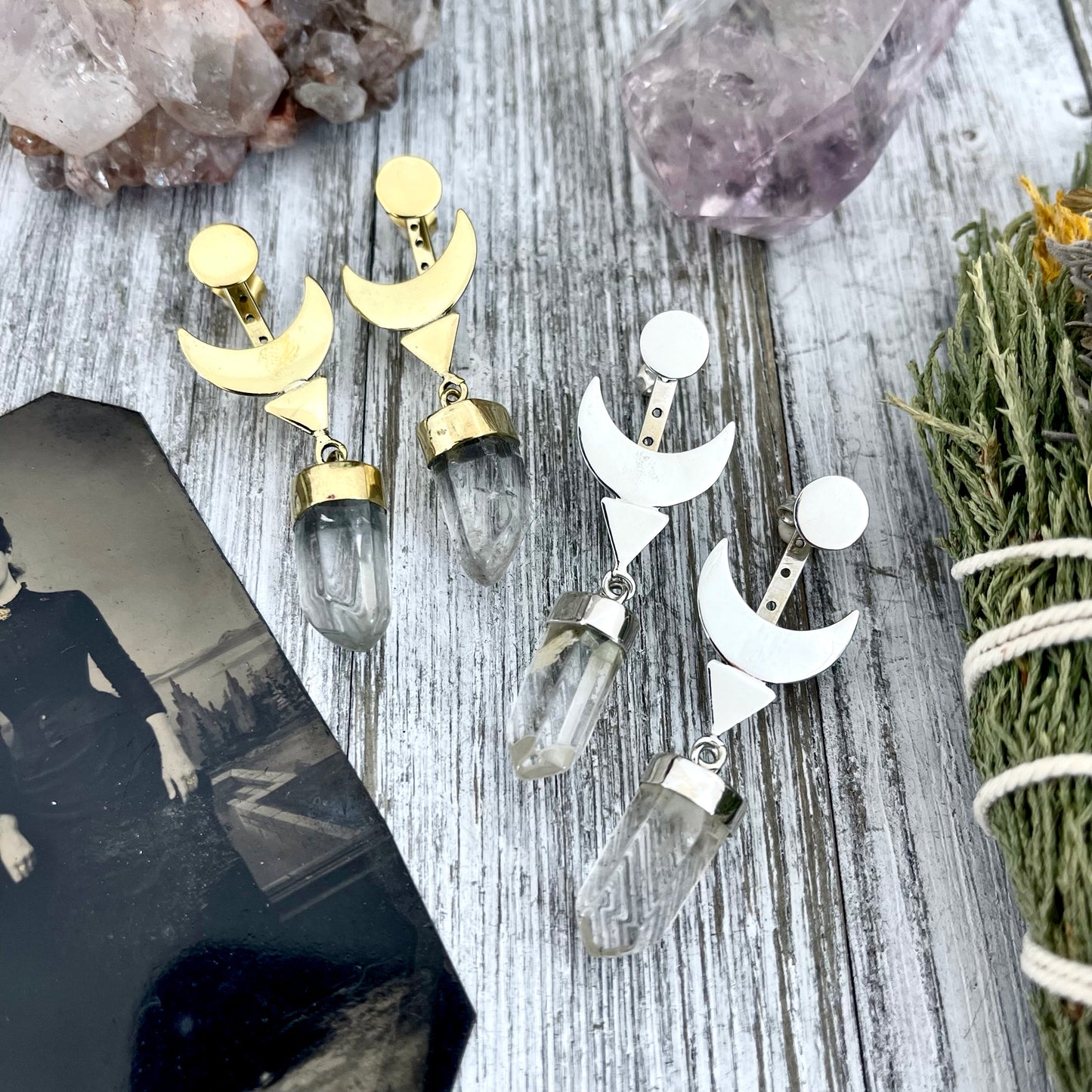 Crescent Moon Ear Jacket Earrings with Natural Clear Quartz Crystals set in Brass or Sterling Silver.