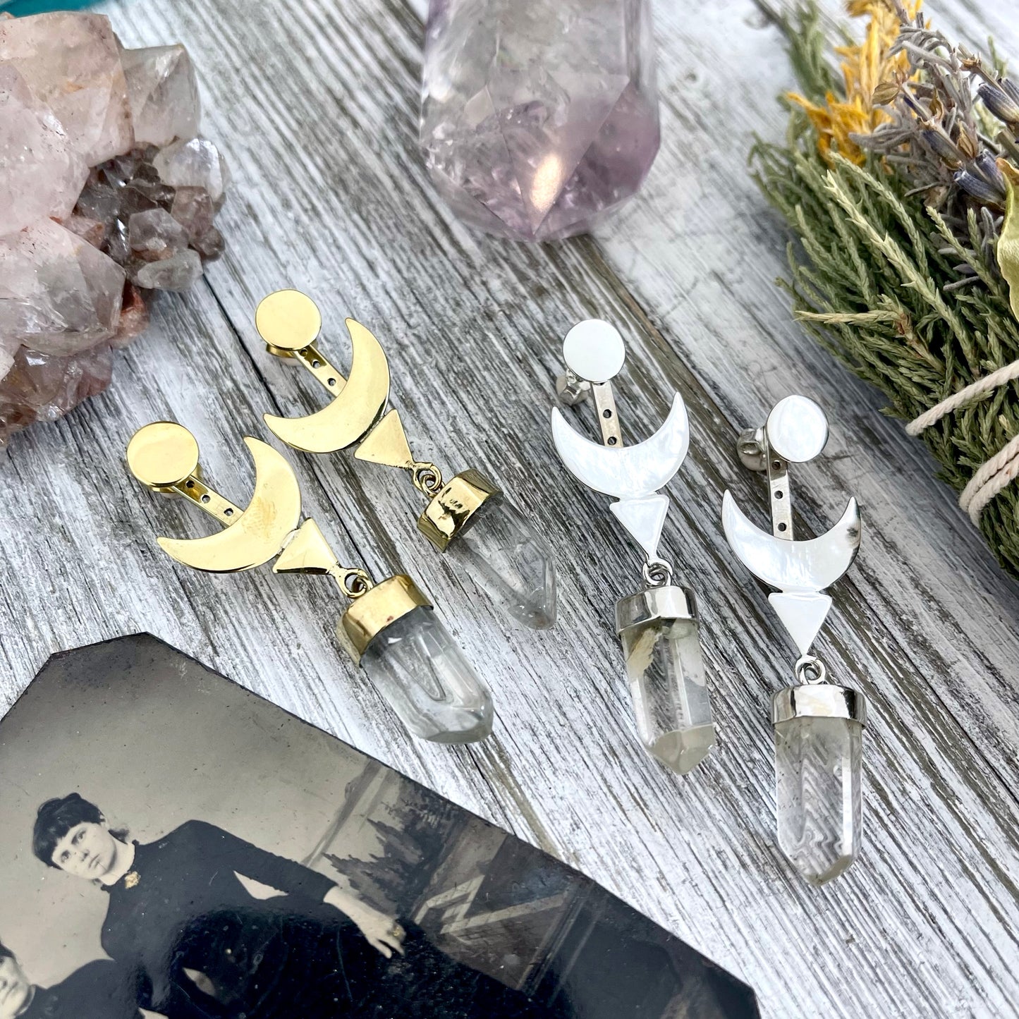 Crescent Moon Ear Jacket Earrings with Natural Clear Quartz Crystals set in Brass or Sterling Silver.