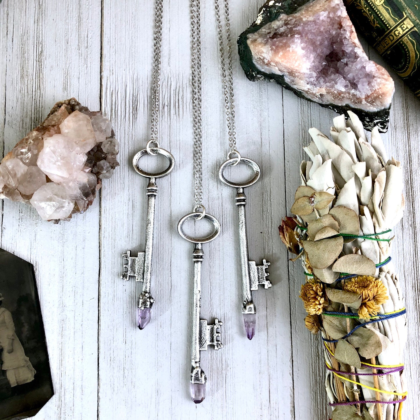 Raw Vera Cruz Amethyst Crystal Vintage Skeleton Key Necklace Pendant in Fine Silver / Foxlark Collection - One of a Kind.