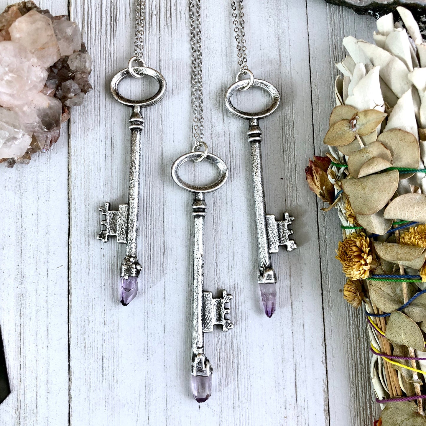 Raw Vera Cruz Amethyst Crystal Vintage Skeleton Key Necklace Pendant in Fine Silver / Foxlark Collection - One of a Kind.