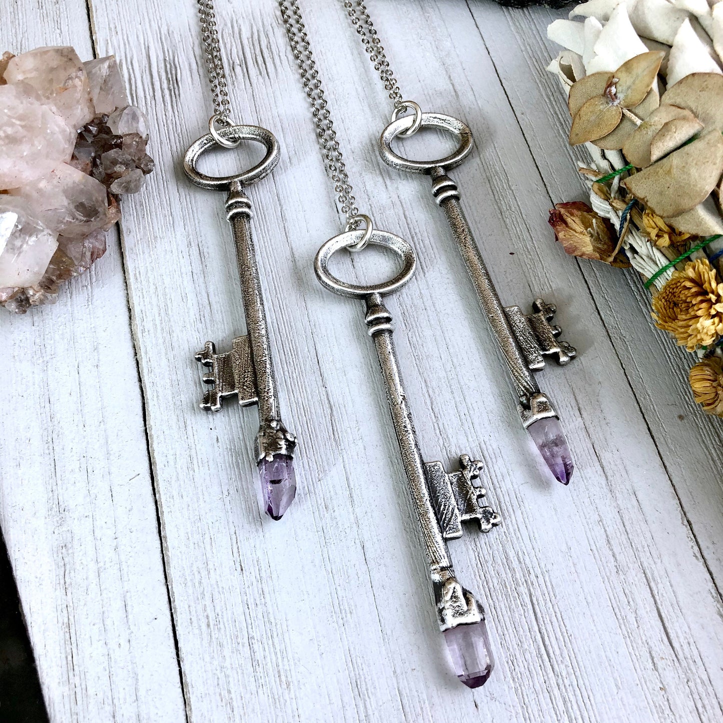 Raw Vera Cruz Amethyst Crystal Vintage Skeleton Key Necklace Pendant in Fine Silver / Foxlark Collection - One of a Kind.