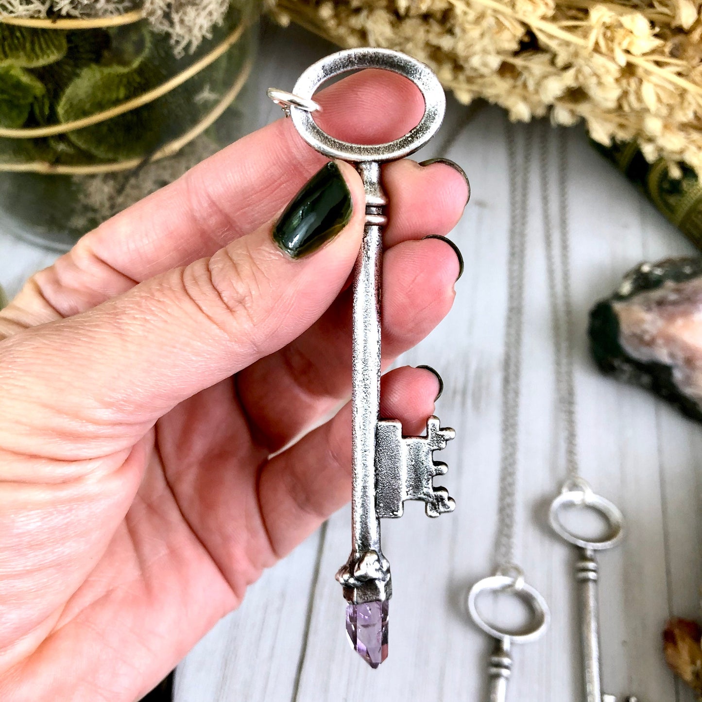 Raw Vera Cruz Amethyst Crystal Vintage Skeleton Key Necklace Pendant in Fine Silver / Foxlark Collection - One of a Kind.