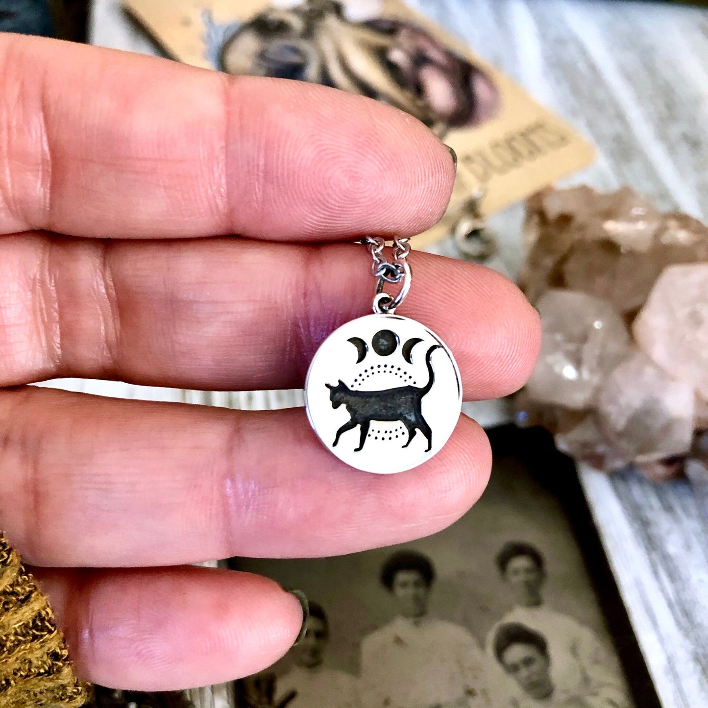 Tiny Talisman Collection - Sterling Silver Black Cat & Moon Phase Necklace Pendant 15mm /.