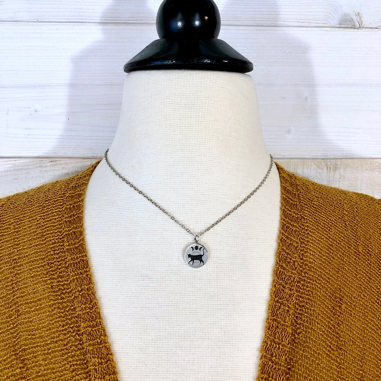 Tiny Talisman Collection - Sterling Silver Black Cat & Moon Phase Necklace Pendant 15mm /.