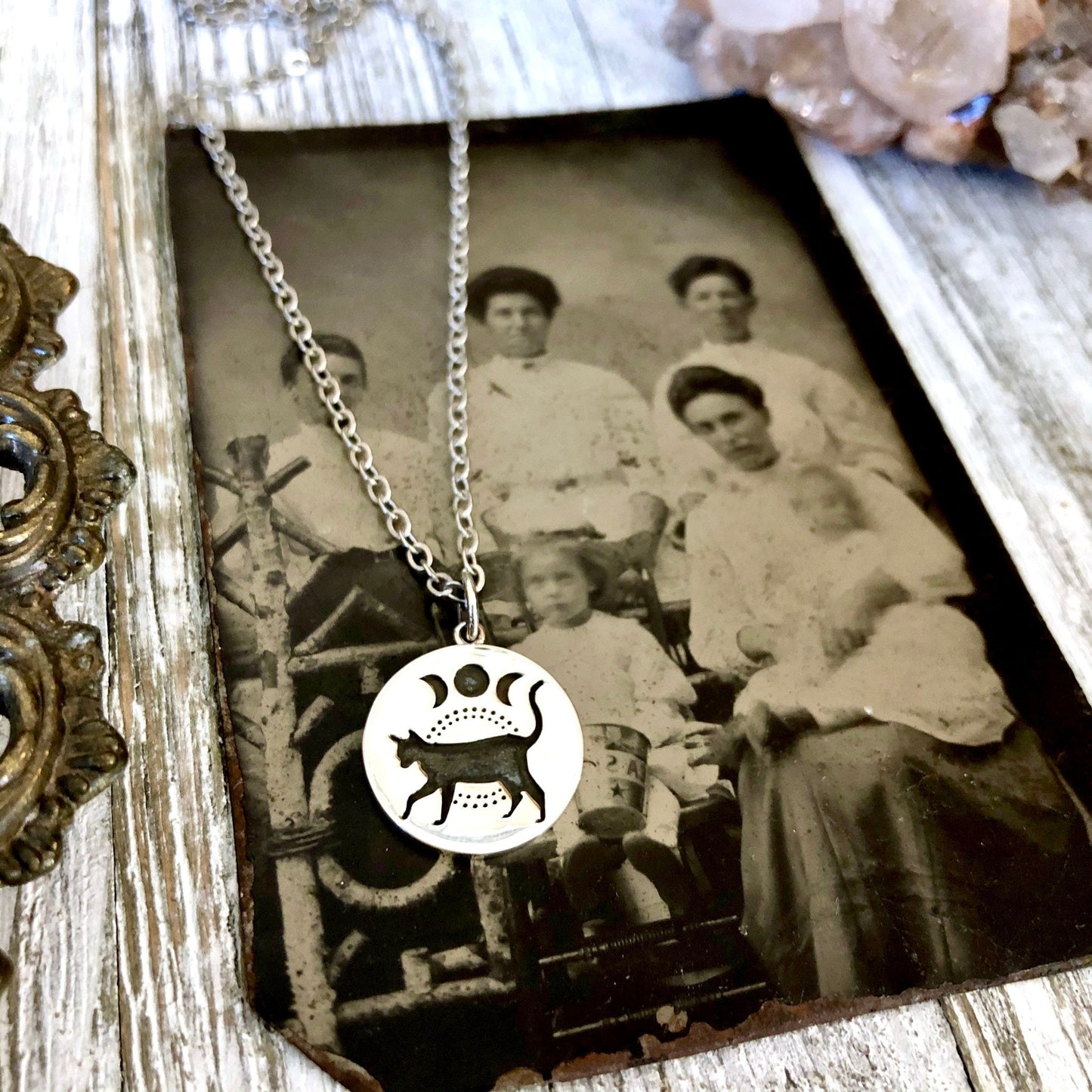 Tiny Talisman Collection - Sterling Silver Black Cat & Moon Phase Necklace Pendant 15mm /.