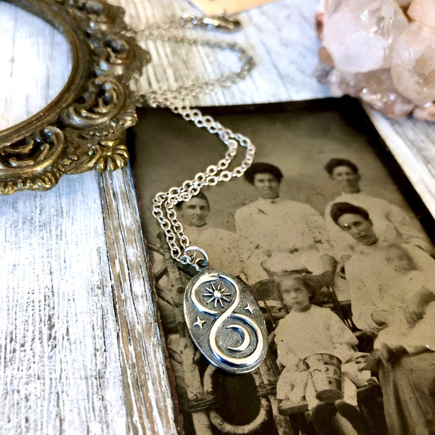 Tiny Talisman Collection - Sterling Silver Infinity Snake Pendant with Sun and Moon 22x13mm /.