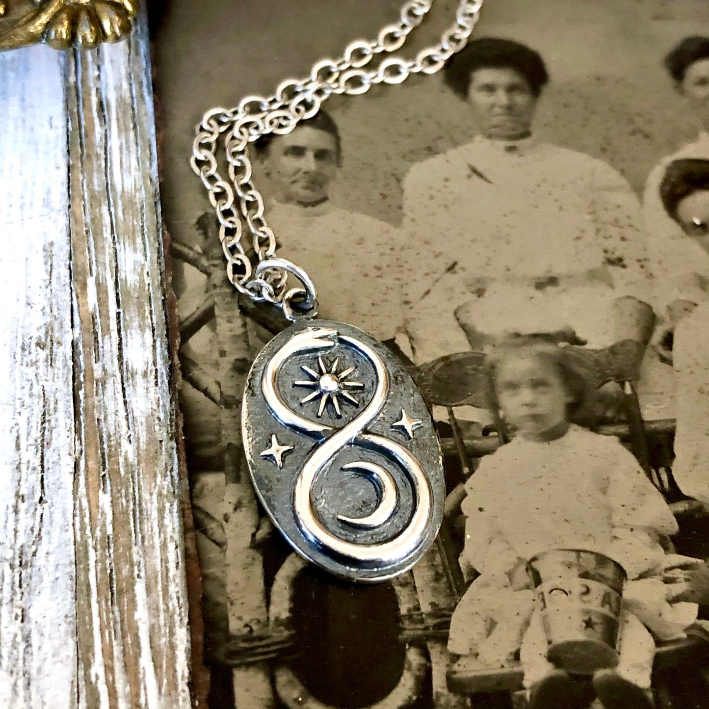Tiny Talisman Collection - Sterling Silver Infinity Snake Pendant with Sun and Moon 22x13mm /.