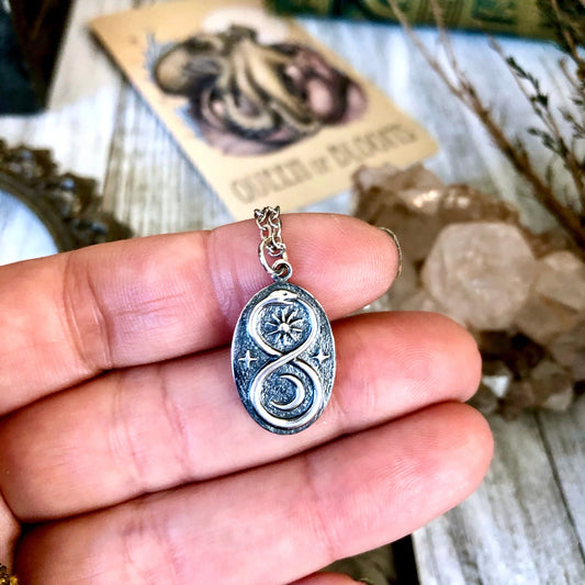 Tiny Talisman Collection - Sterling Silver Infinity Snake Pendant with Sun and Moon 22x13mm  /.