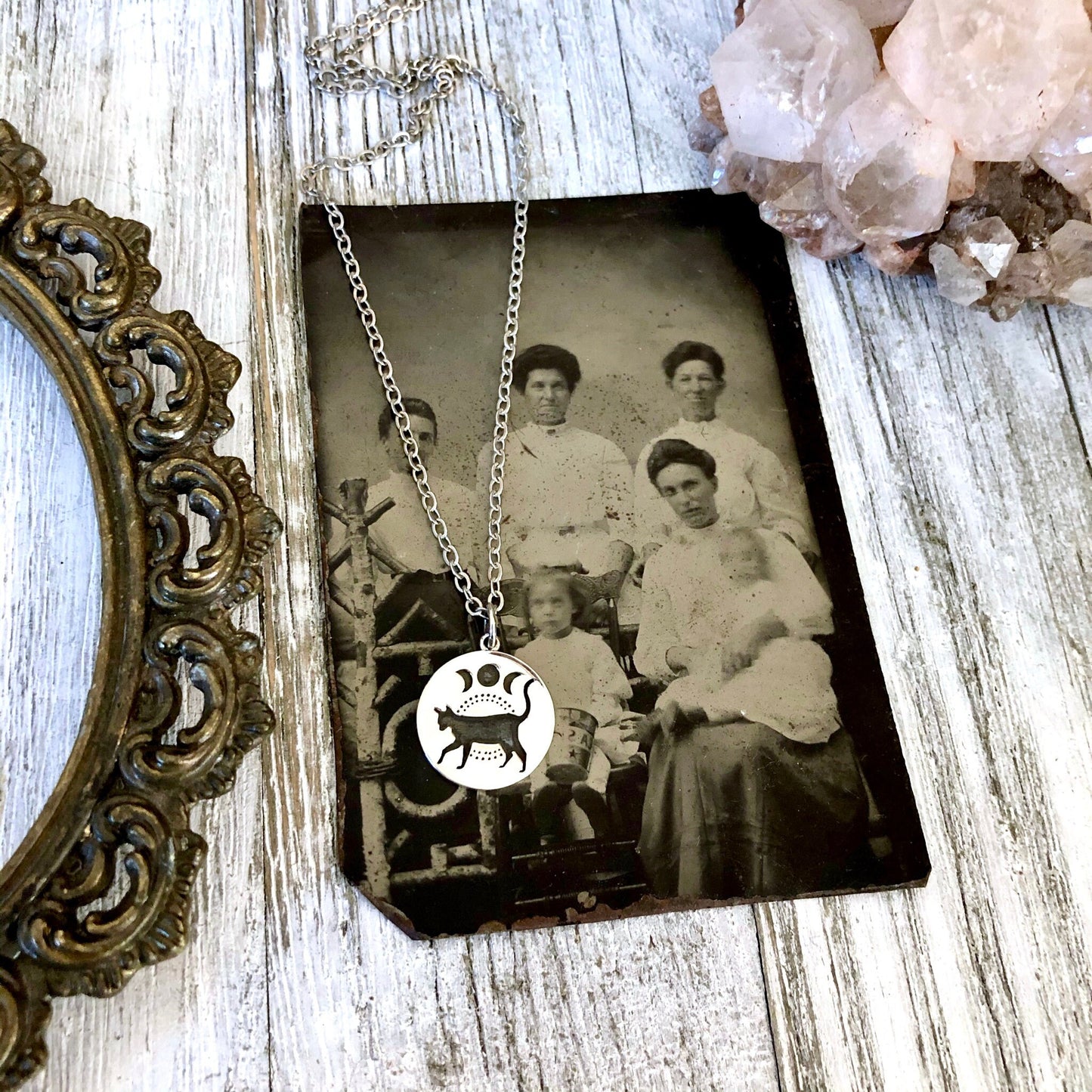 Tiny Talisman Collection - Sterling Silver Black Cat & Moon Phase Necklace Pendant 15mm /.