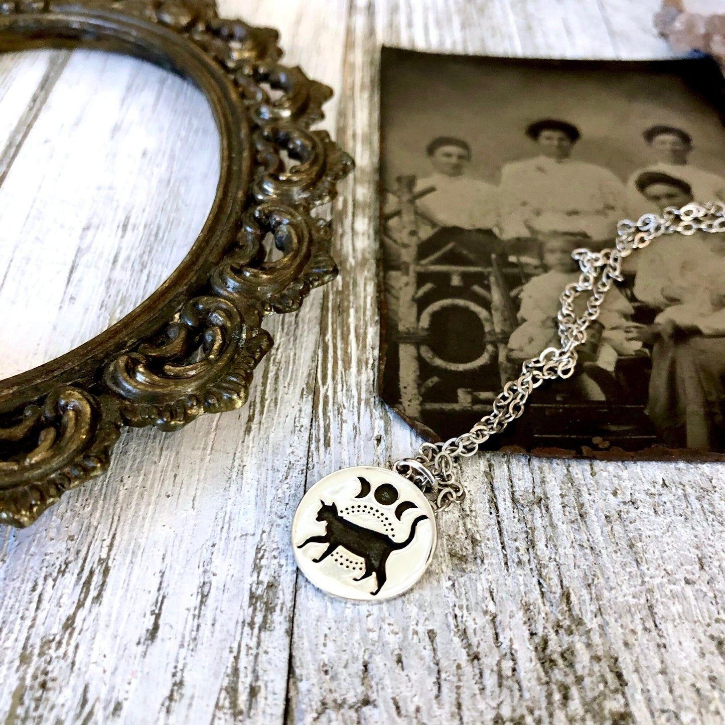 Tiny Talisman Collection - Sterling Silver Black Cat & Moon Phase Necklace Pendant 15mm /.