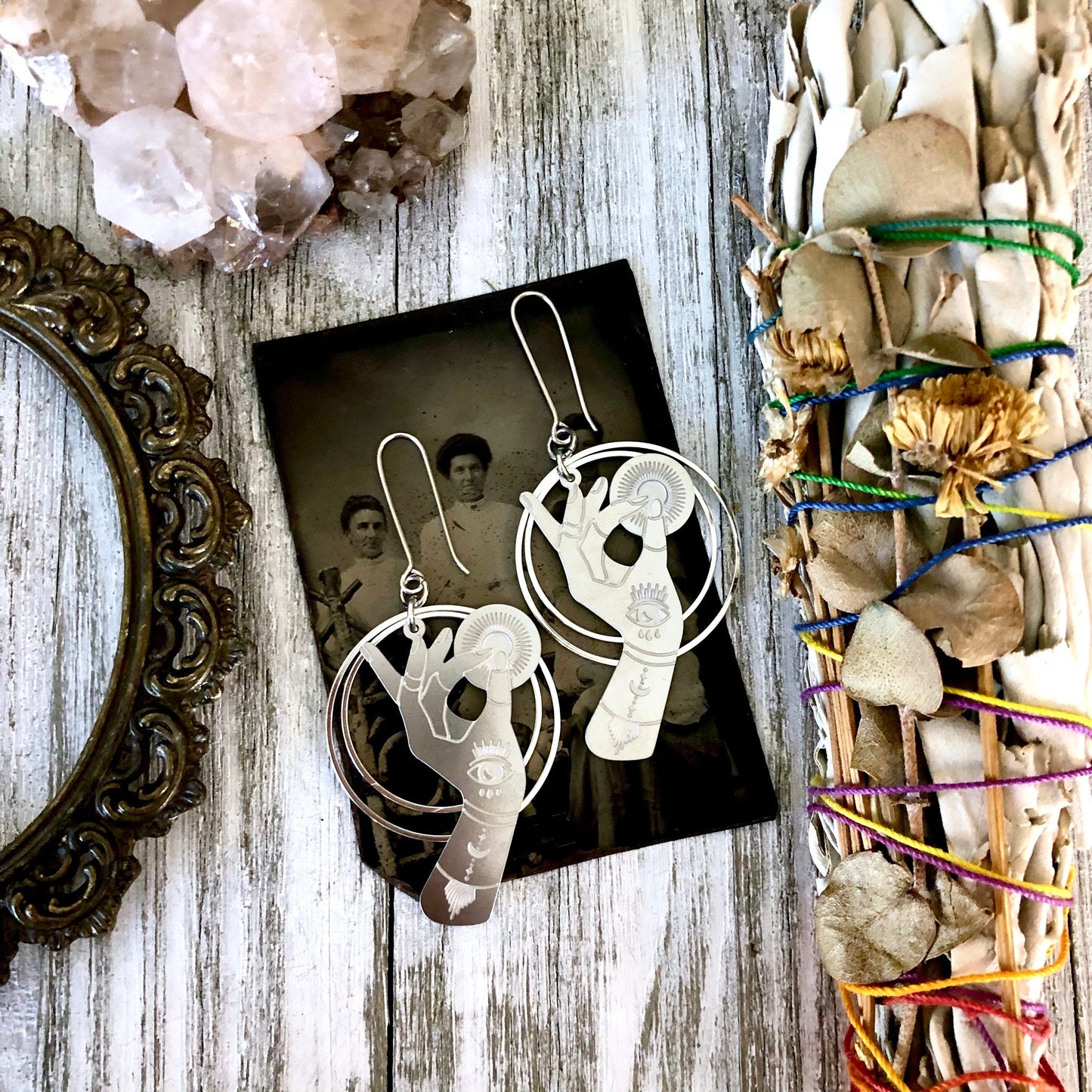 Fortune Teller Earrings Sterling Silver & Stainless Steel Earrings/ Evil Eye Moon Earrings - Long Dangly Geometric Earrings.