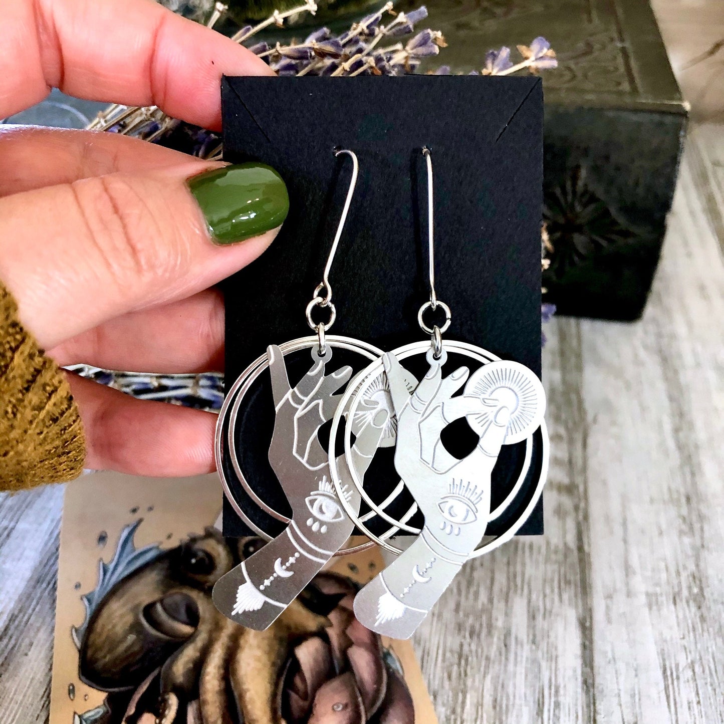 Fortune Teller Earrings Sterling Silver & Stainless Steel Earrings/ Evil Eye Moon Earrings - Long Dangly Geometric Earrings.