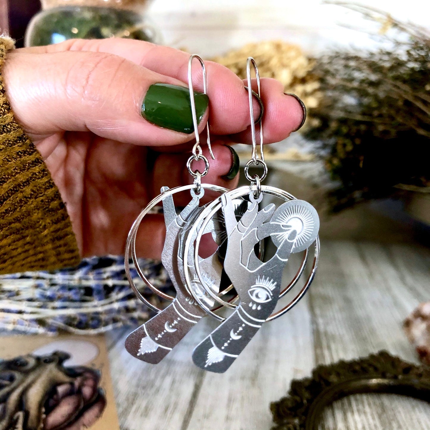 Fortune Teller Earrings Sterling Silver & Stainless Steel Earrings/ Evil Eye Moon Earrings - Long Dangly Geometric Earrings.