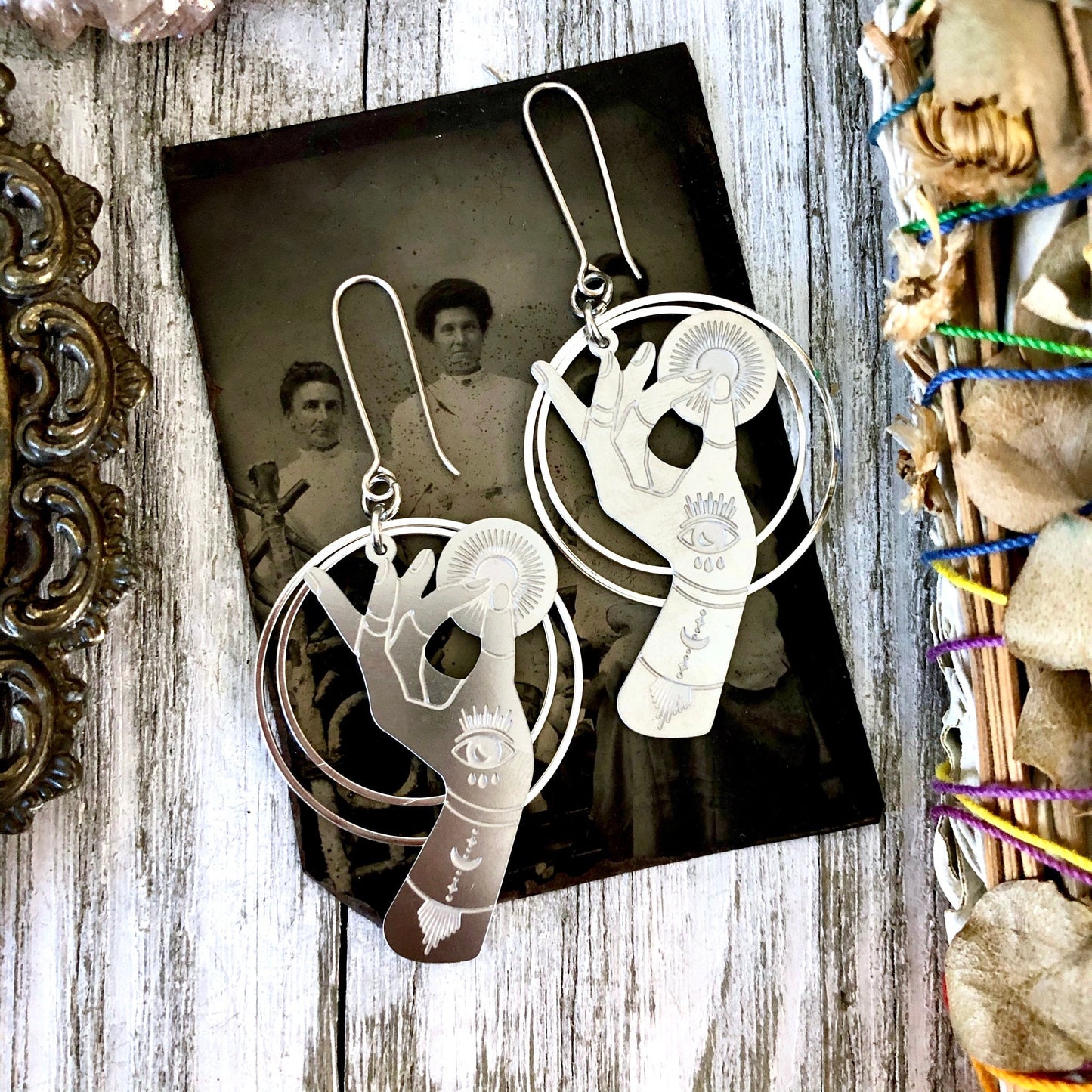 Fortune Teller Earrings Sterling Silver & Stainless Steel Earrings/ Evil Eye Moon Earrings - Long Dangly Geometric Earrings.