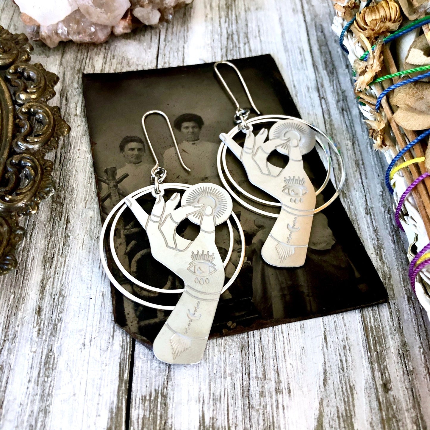 Fortune Teller Earrings Sterling Silver & Stainless Steel Earrings/ Evil Eye Moon Earrings - Long Dangly Geometric Earrings.