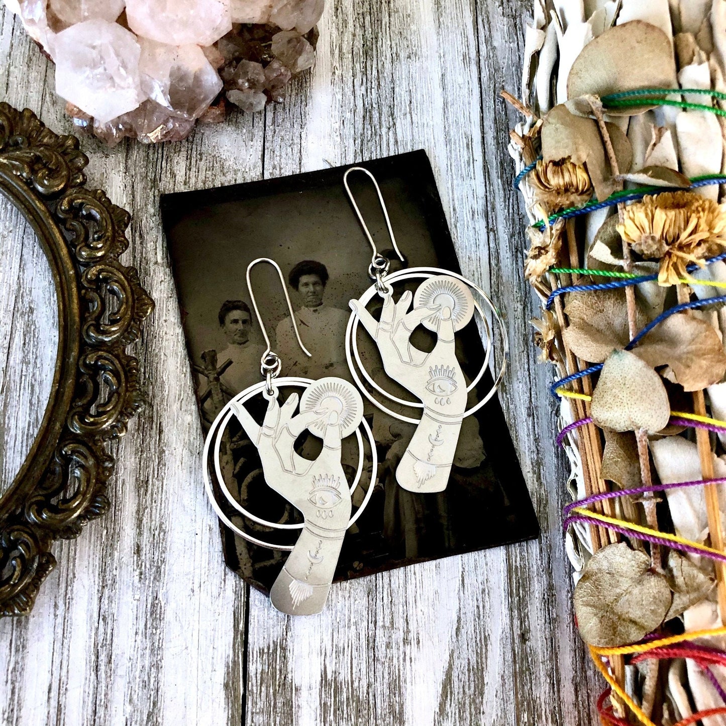 Fortune Teller Earrings Sterling Silver & Stainless Steel Earrings/ Evil Eye Moon Earrings - Long Dangly Geometric Earrings.
