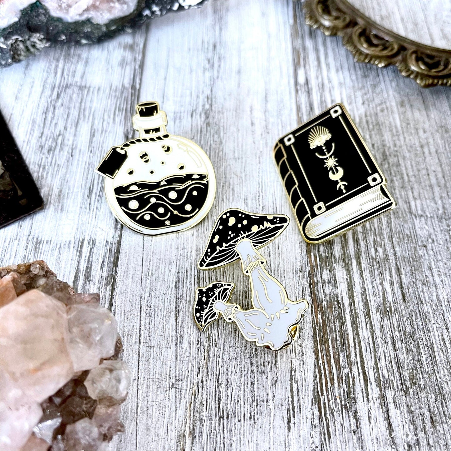 Witchy Pin Set - Set Of 3 Witchy Enamel Pins- Mushroom Pin, Potion Bottle Pin, Witch Pin , Book Pin.