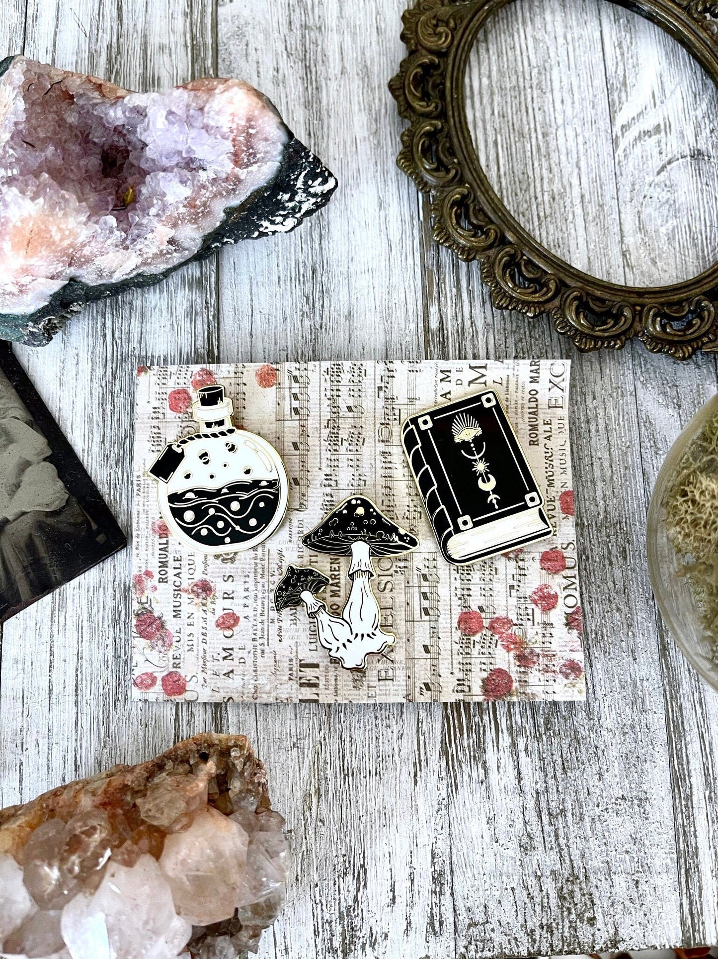 Witchy Pin Set - Set Of 3 Witchy Enamel Pins- Mushroom Pin, Potion Bottle Pin, Witch Pin , Book Pin.