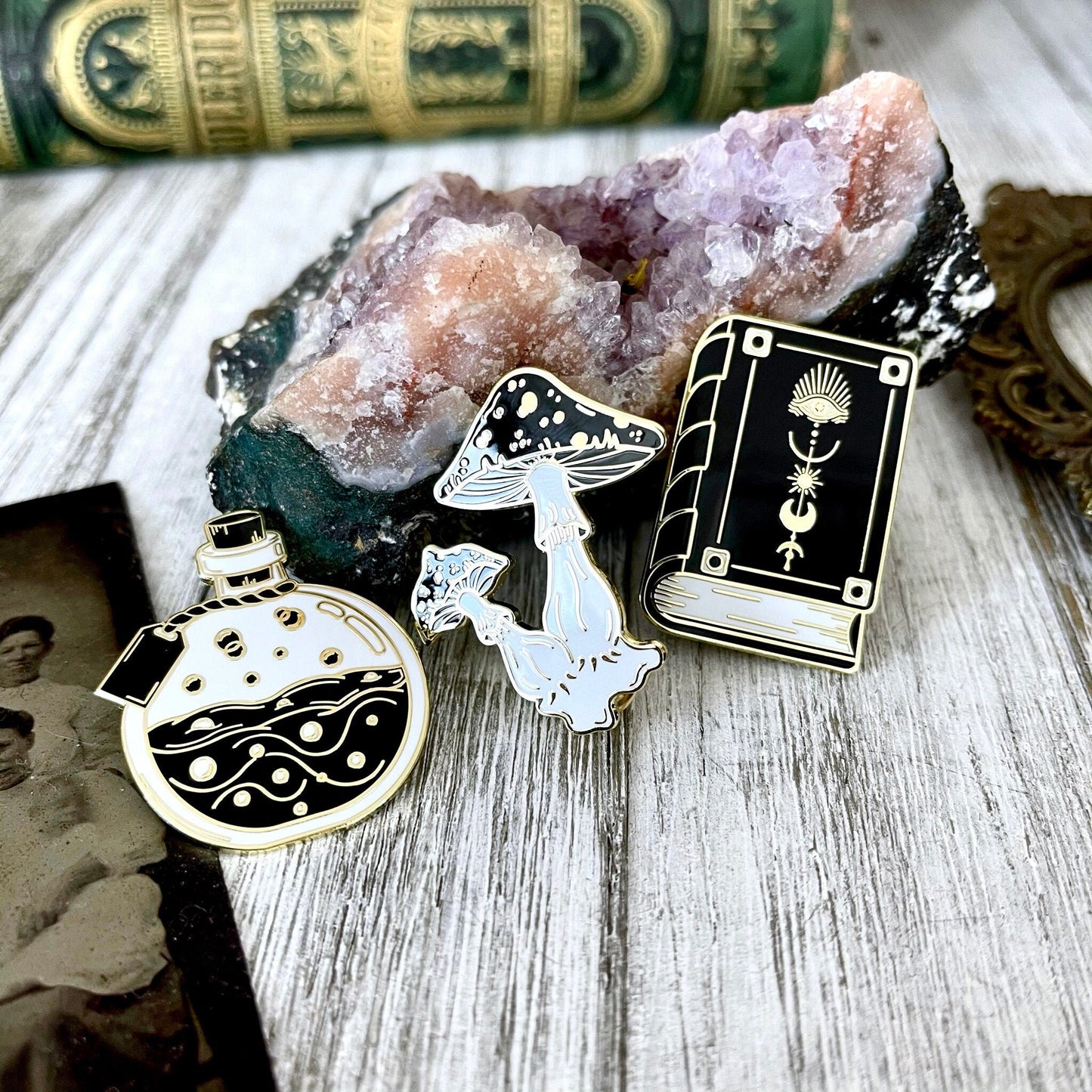 Witchy Pin Set - Set Of 3 Witchy Enamel Pins- Mushroom Pin, Potion Bottle Pin, Witch Pin , Book Pin.