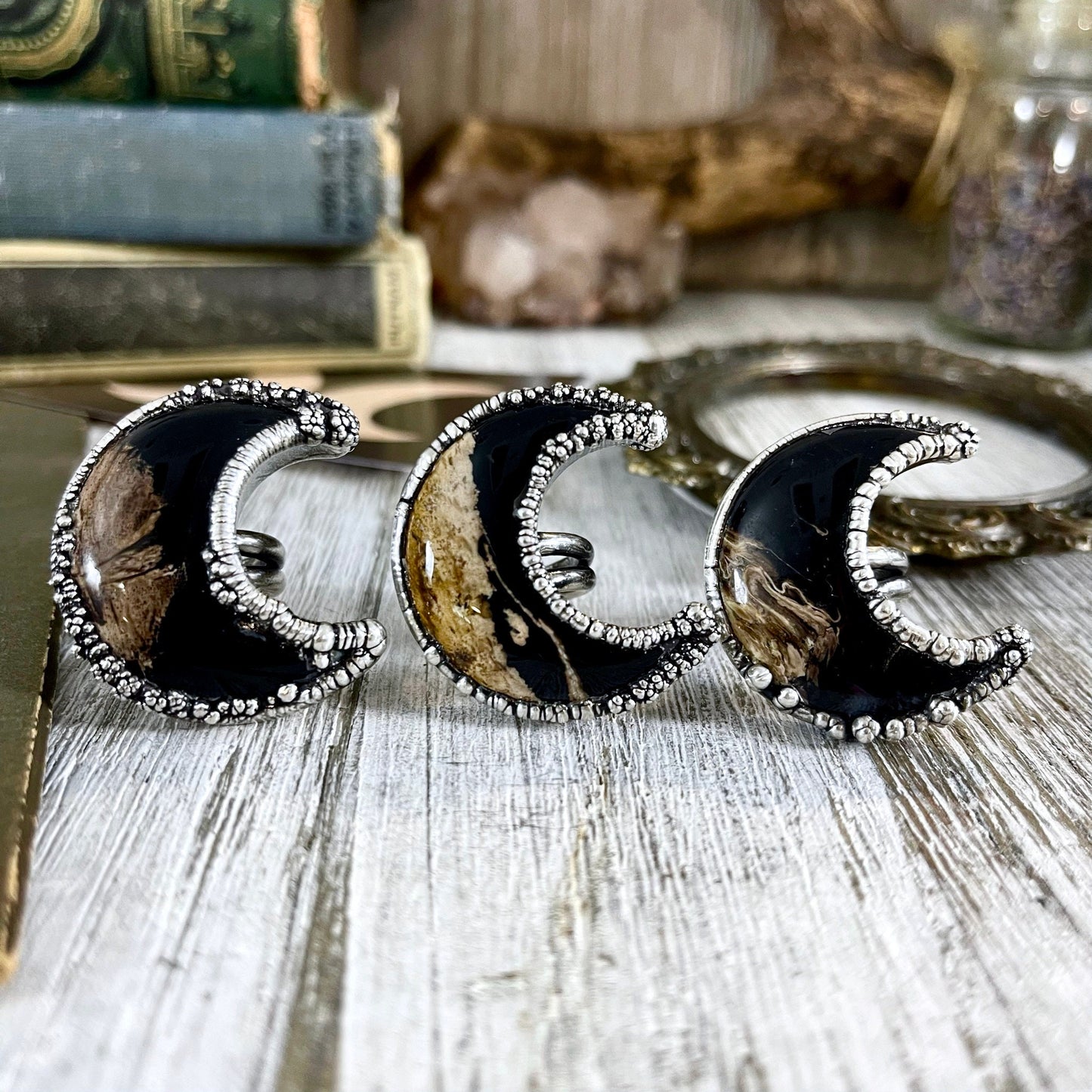 Crescent Moon Fossilized Palm Root Ring in Silver Size 5 6 7 8 9 10 /.