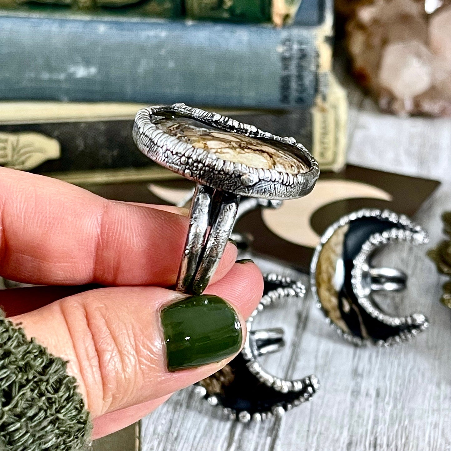 Crescent Moon Fossilized Palm Root Ring in Silver Size 5 6 7 8 9 10 /.
