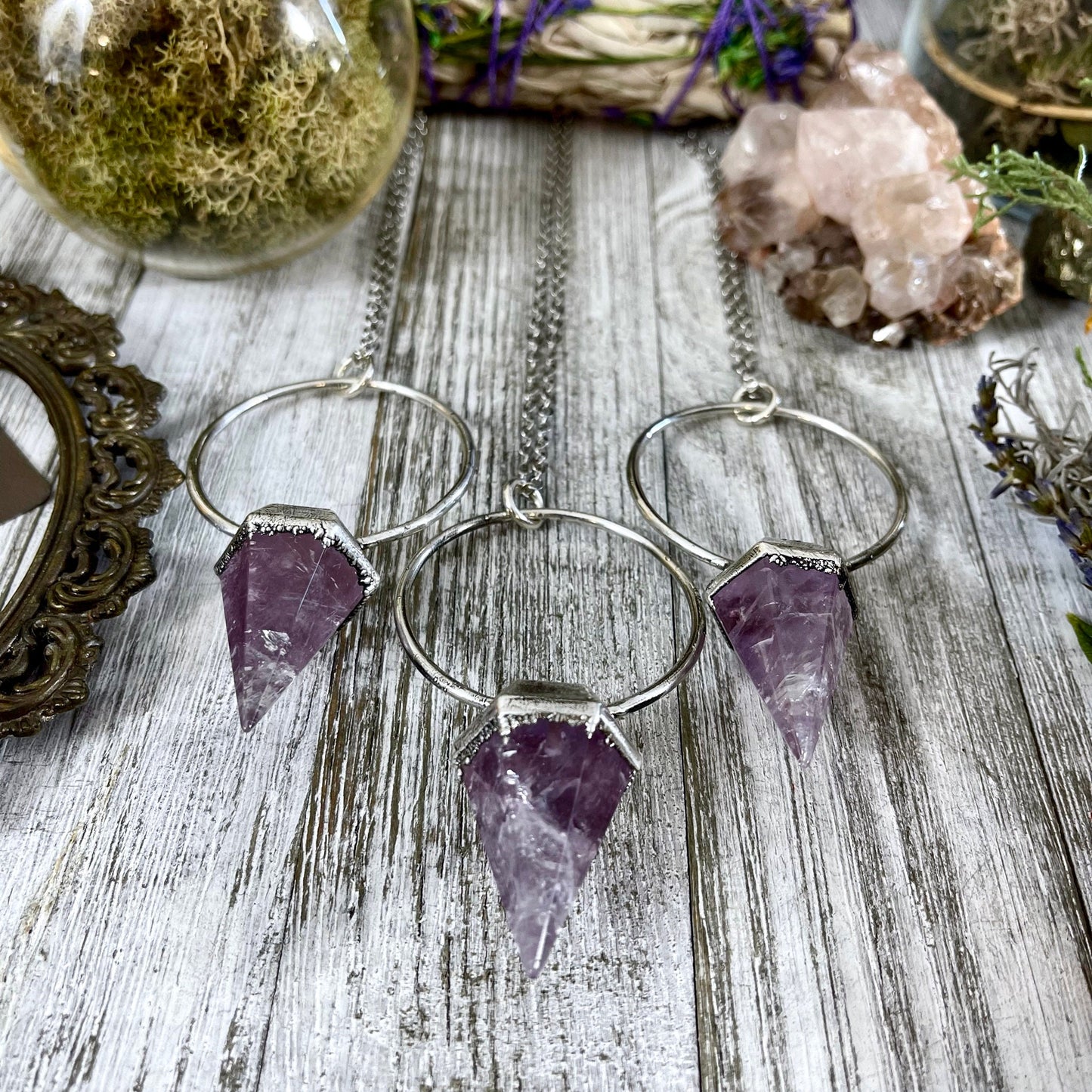 Silver Amethyst Crystal Pendulum Necklace in Fine Silver / Foxlark Collection.