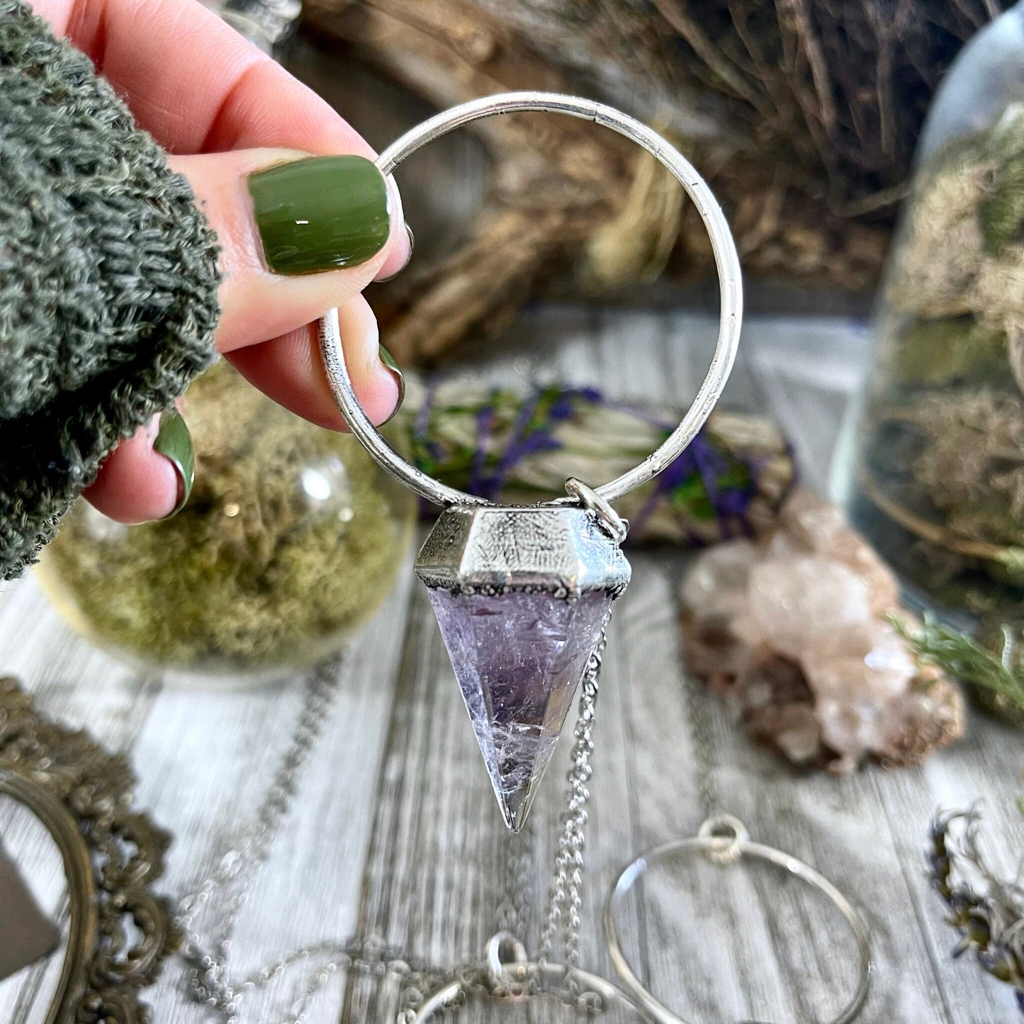 Silver Amethyst Crystal Pendulum Necklace in Fine Silver / Foxlark Collection.