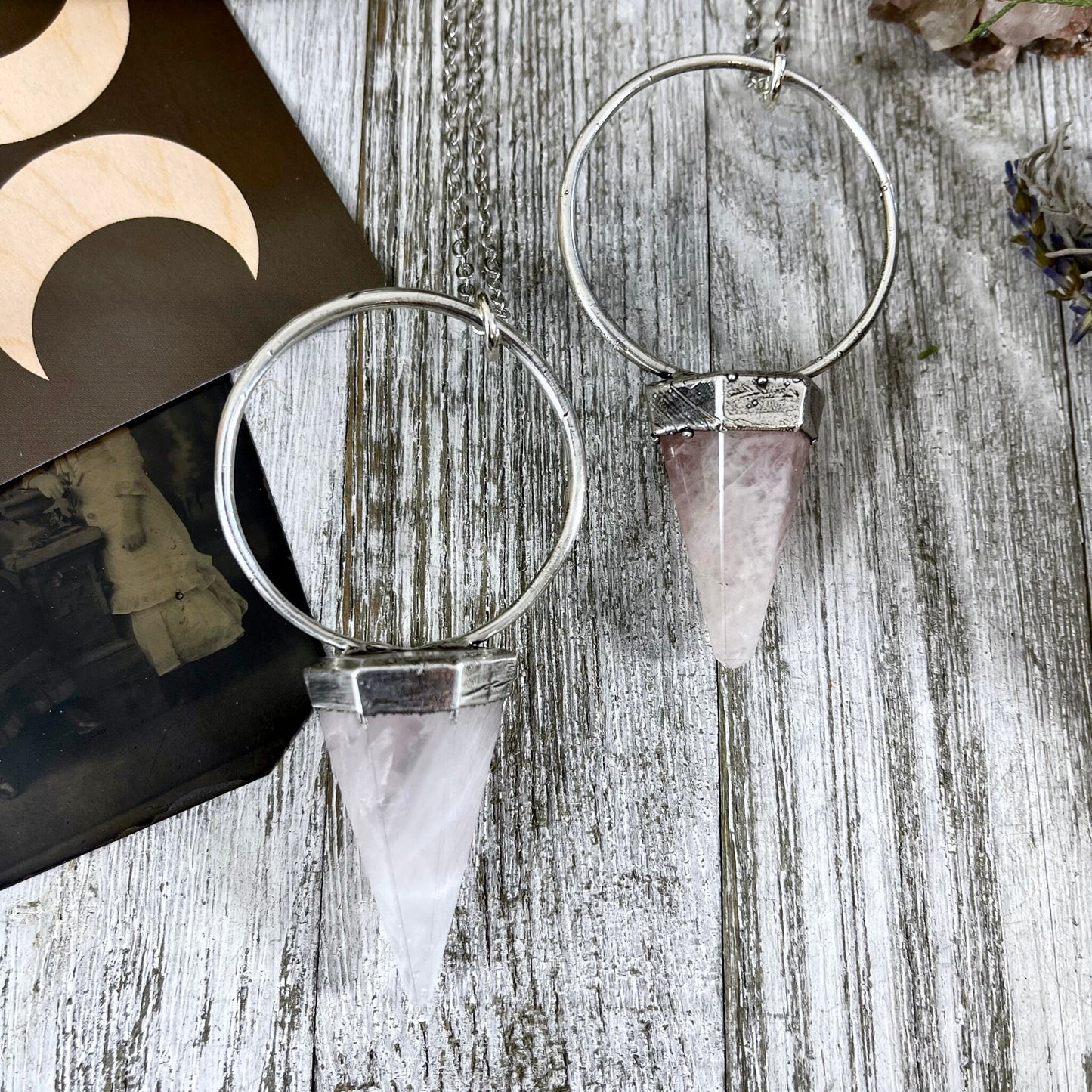 Rose Quartz Crystal Pendulum Necklace Pendant in Fine Silver / Foxlark Collection.