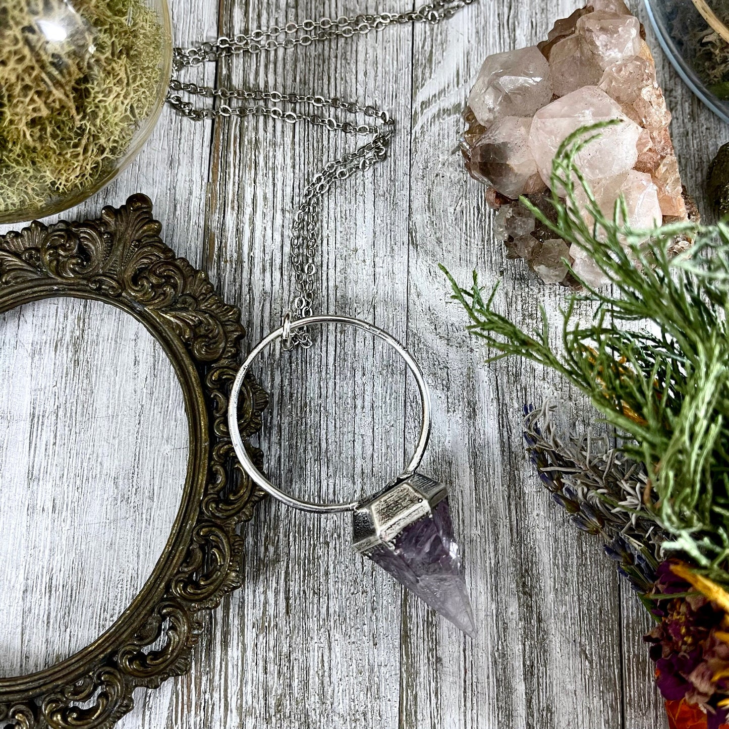 Silver Amethyst Crystal Pendulum Necklace in Fine Silver / Foxlark Collection.
