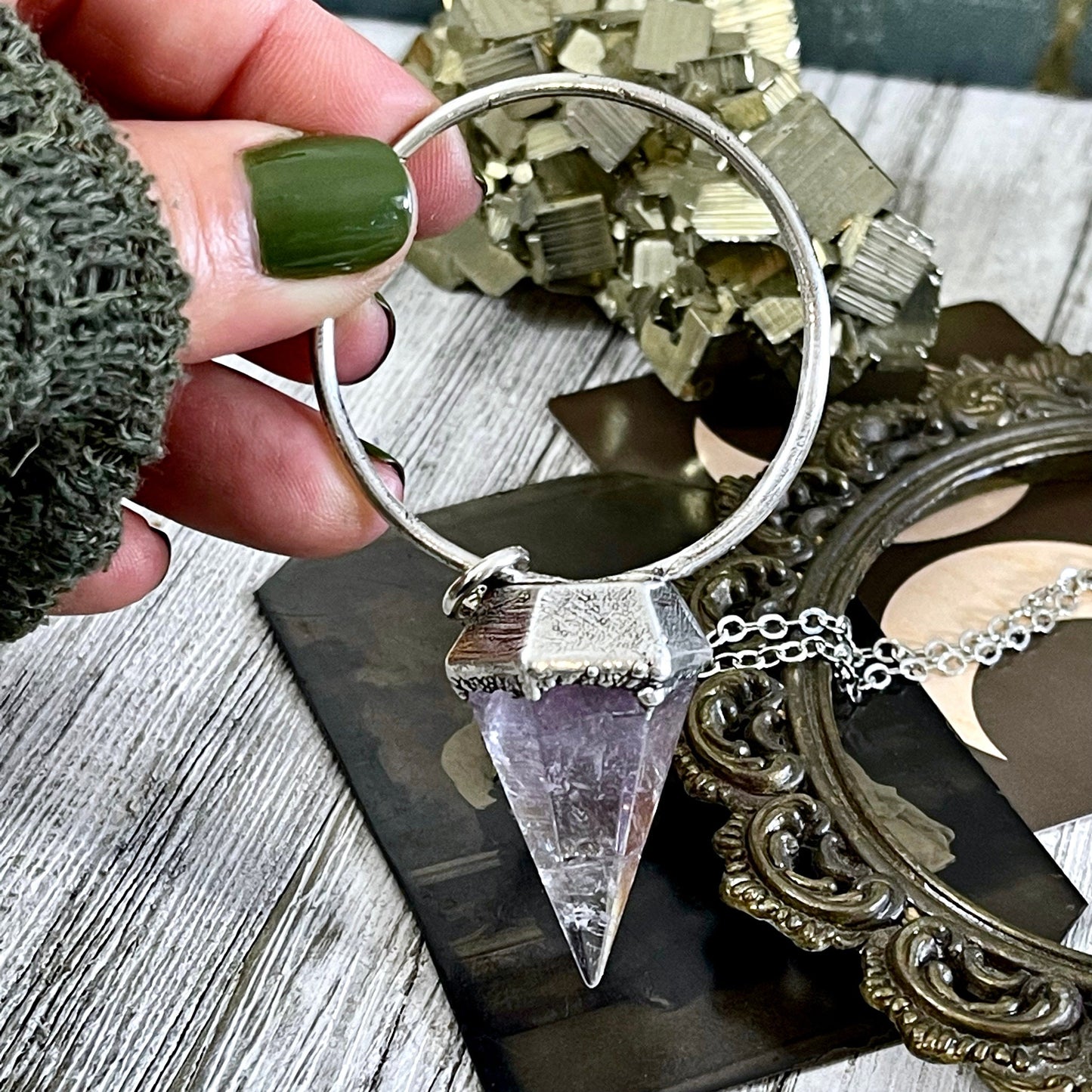 Silver Amethyst Crystal Pendulum Necklace in Fine Silver / Foxlark Collection.