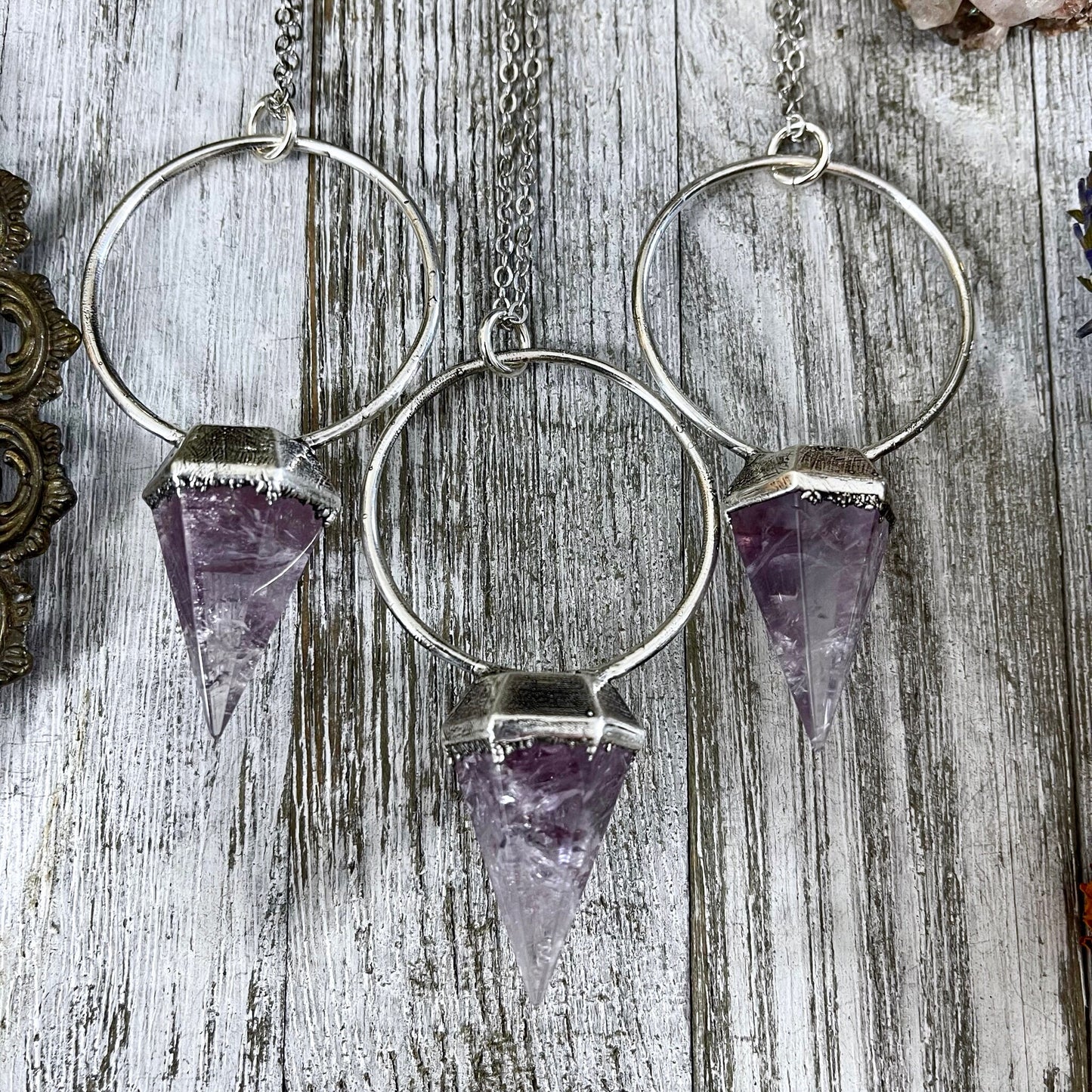 Silver Amethyst Crystal Pendulum Necklace in Fine Silver / Foxlark Collection.