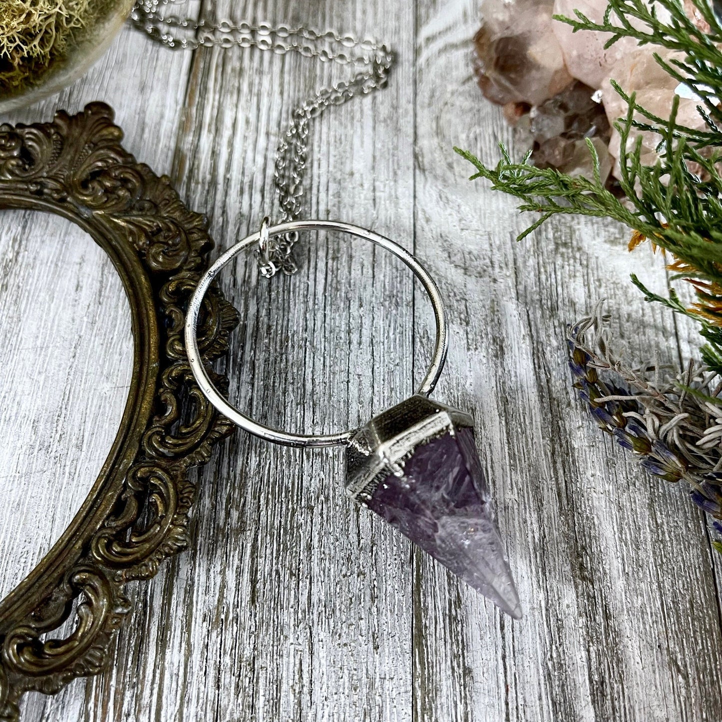 Silver Amethyst Crystal Pendulum Necklace in Fine Silver / Foxlark Collection.