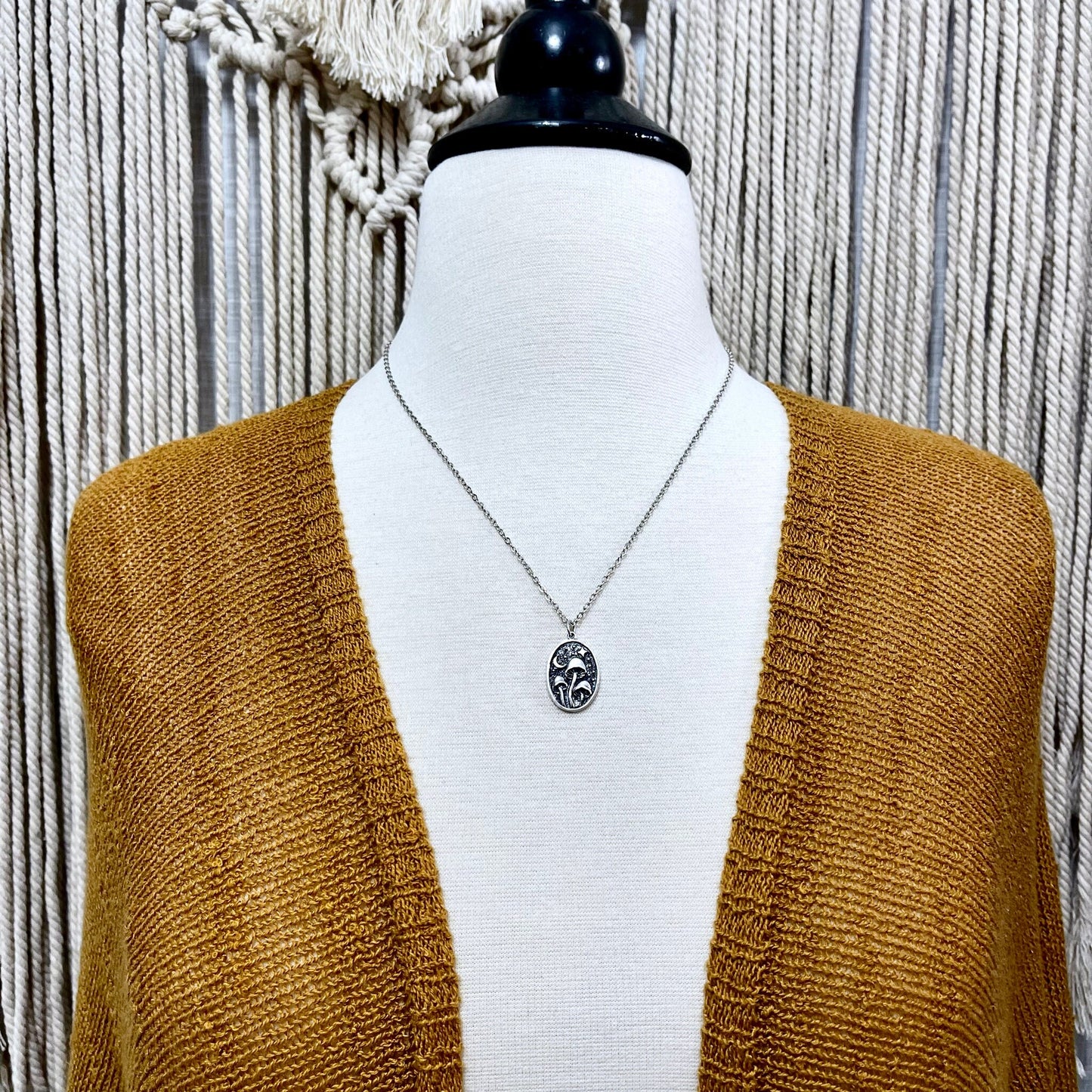 Tiny Talisman Collection - Silver Mushroom with Bronze Star and Moon Necklace 26x15mm /.