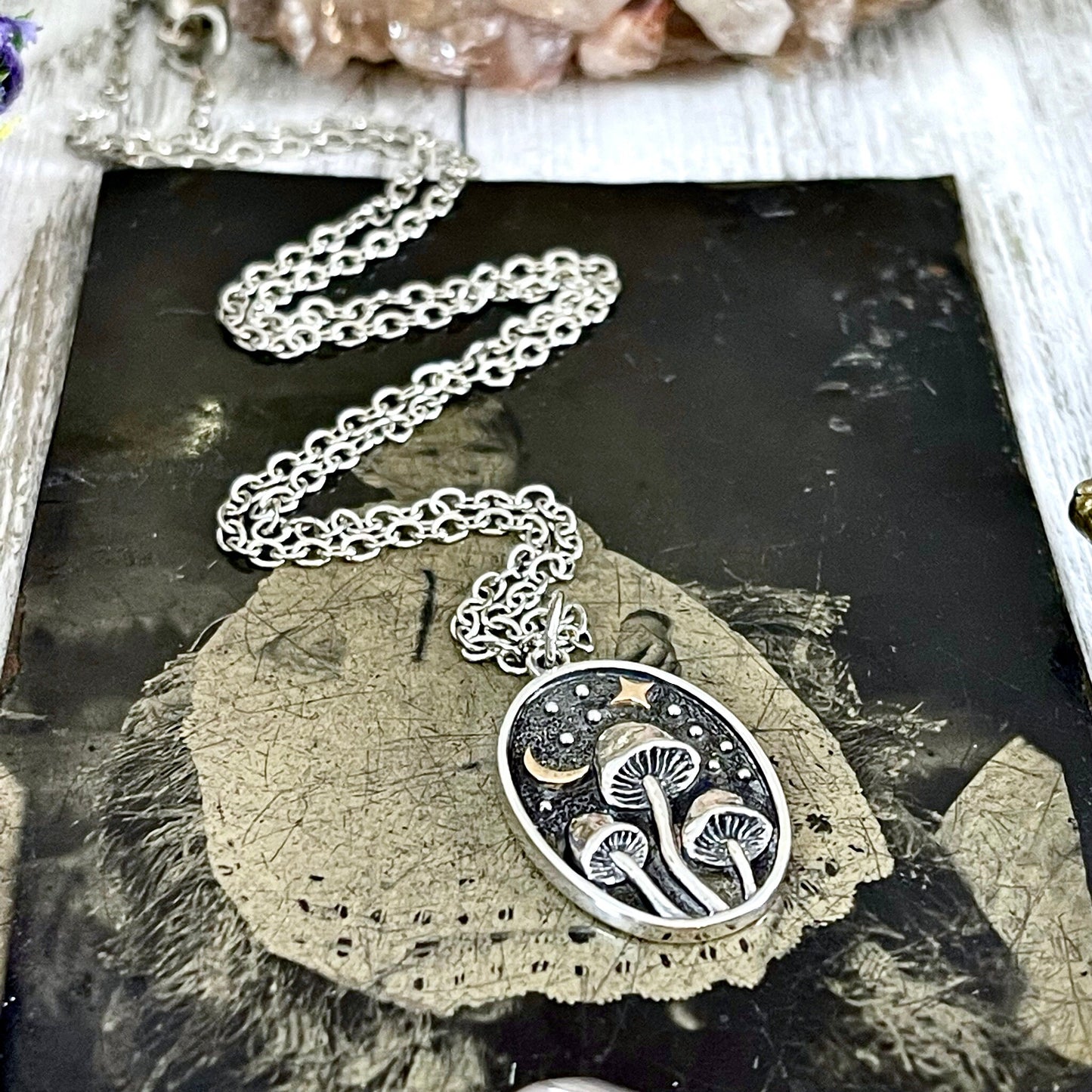 Tiny Talisman Collection - Silver Mushroom with Bronze Star and Moon Necklace 26x15mm /.