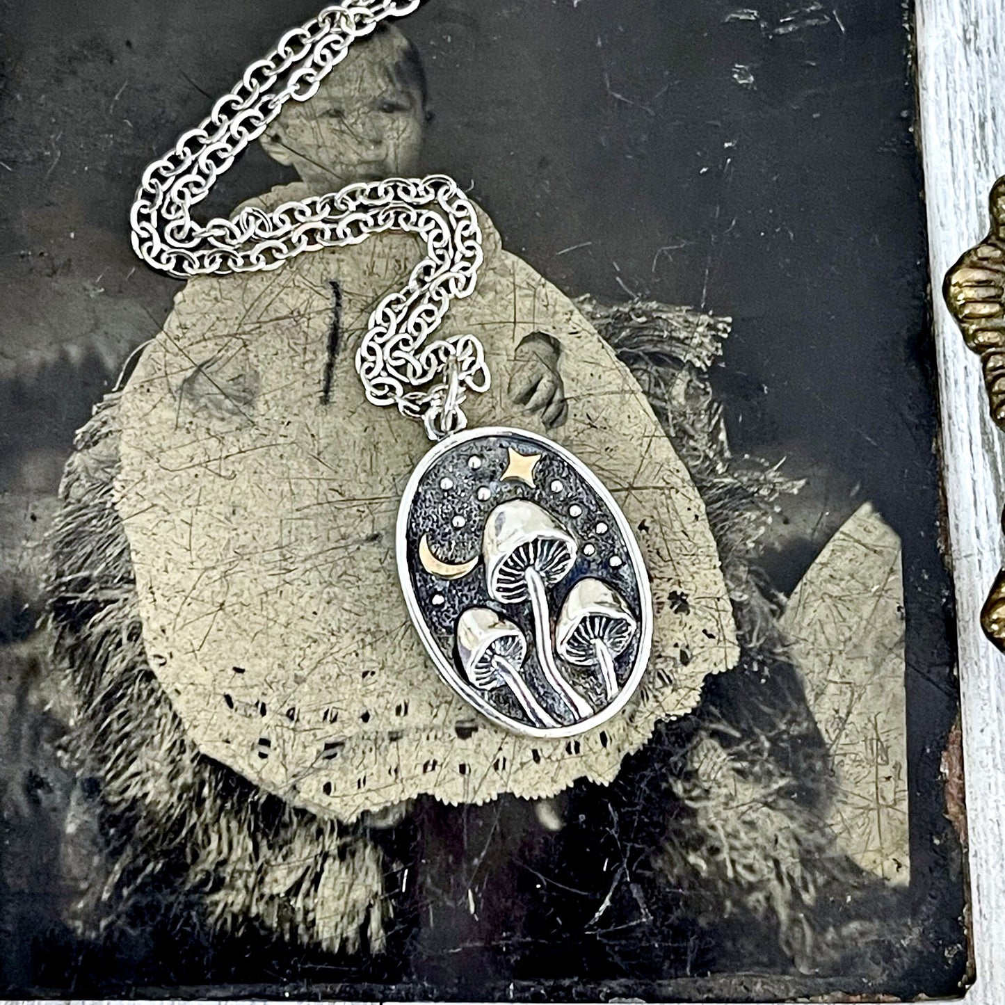 Tiny Talisman Collection - Silver Mushroom with Bronze Star and Moon Necklace 26x15mm /.