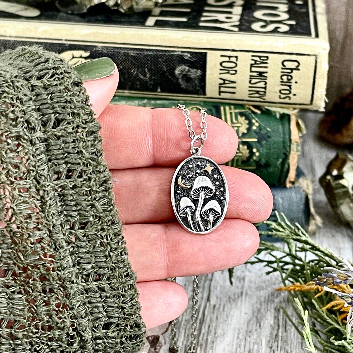 Tiny Talisman Collection - Silver Mushroom with Bronze Star and Moon Necklace 26x15mm /.