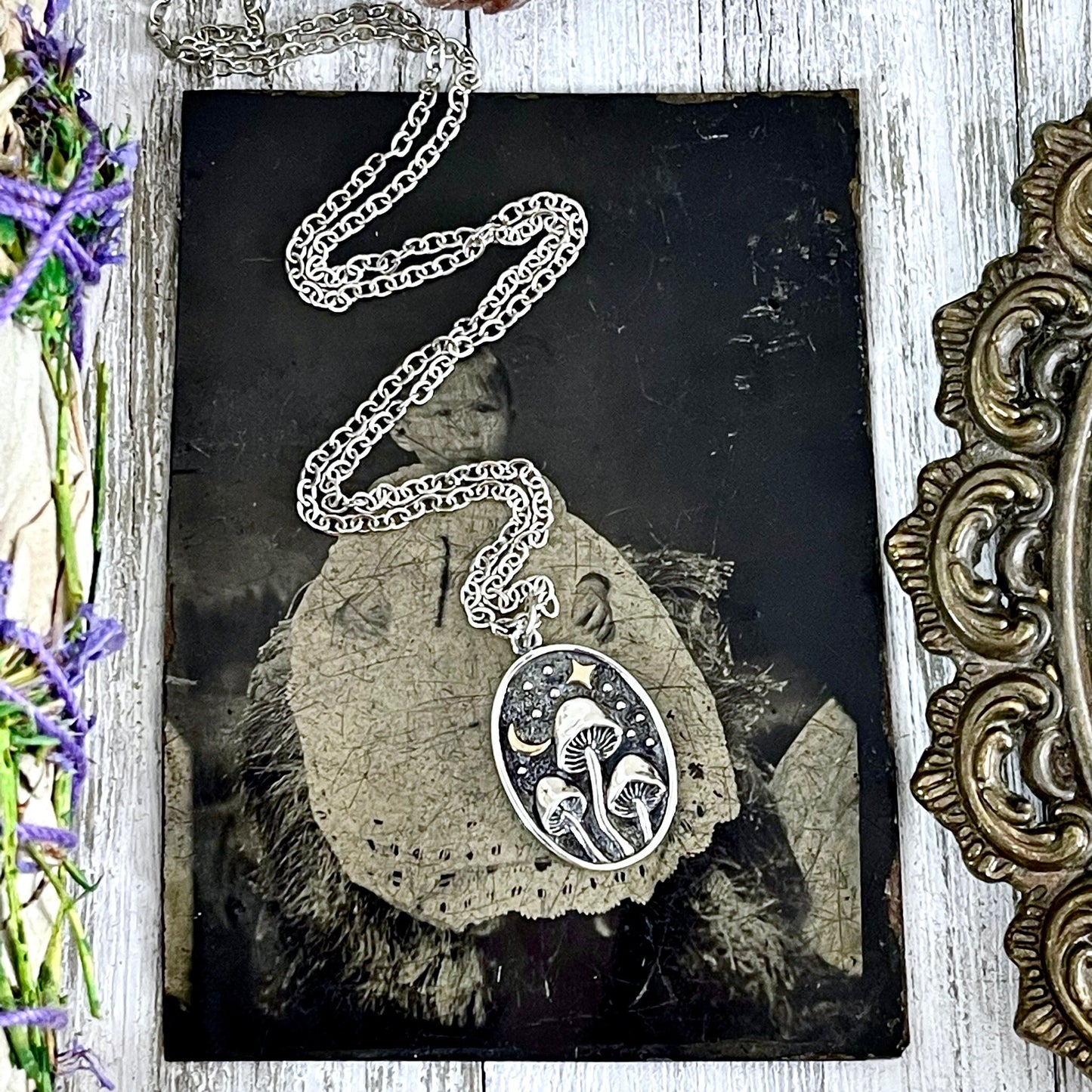 Tiny Talisman Collection - Silver Mushroom with Bronze Star and Moon Necklace 26x15mm /.